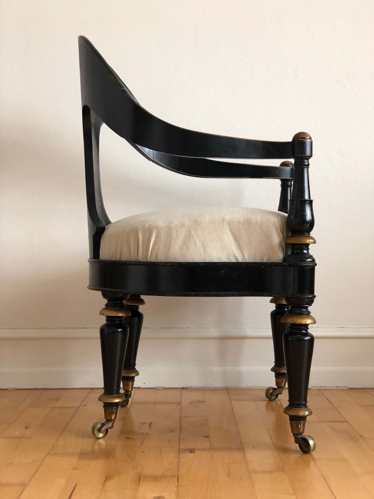 photo buy Danish Cabinetmaker Armchair, 1860s, Black Lacquer With Gold Decoration, Brass Castors, Empire/Biedermeier