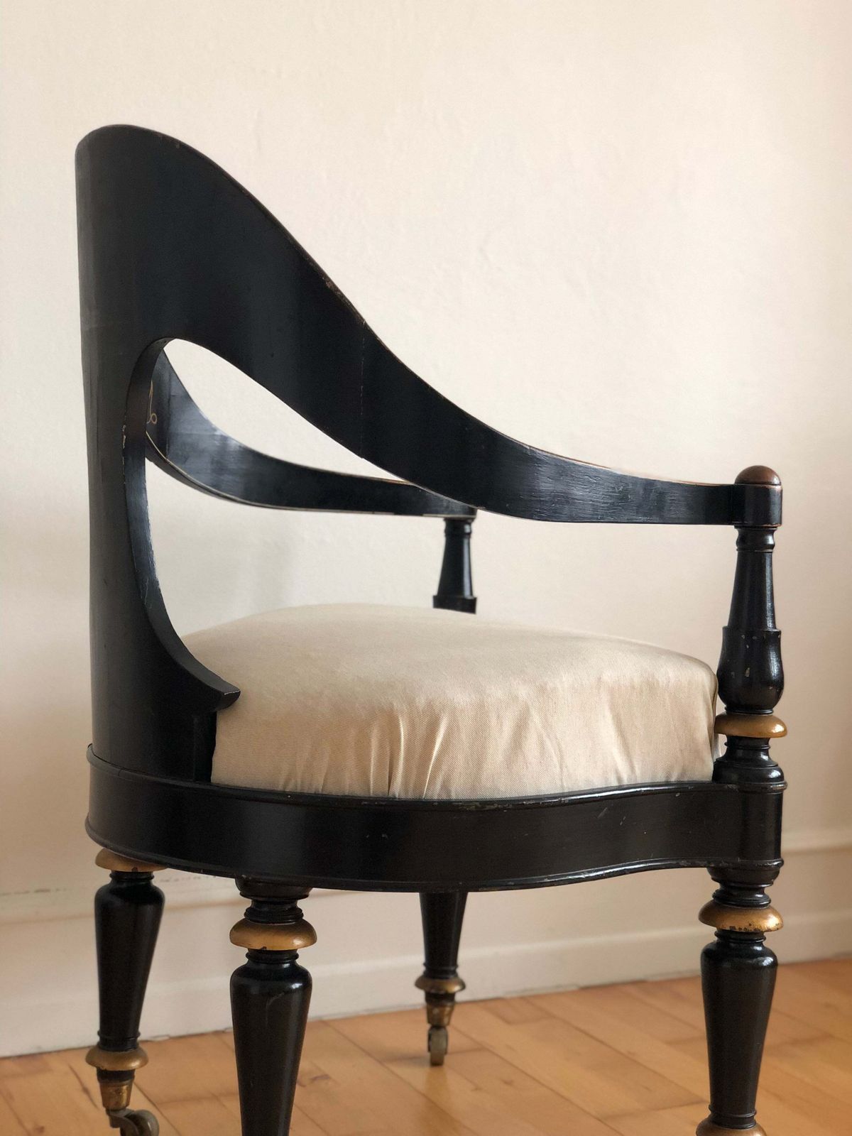 photo vintage Danish Cabinetmaker Armchair, 1860s, Black Lacquer With Gold Decoration, Brass Castors, Empire/Biedermeier