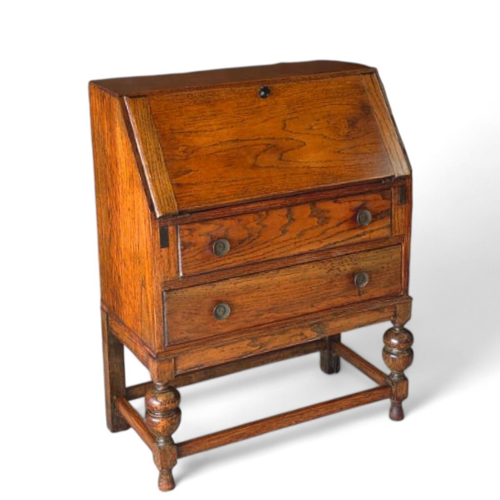 Vintage Jacobean Revival Oak Bureau With Turned Legs & Two Drawers