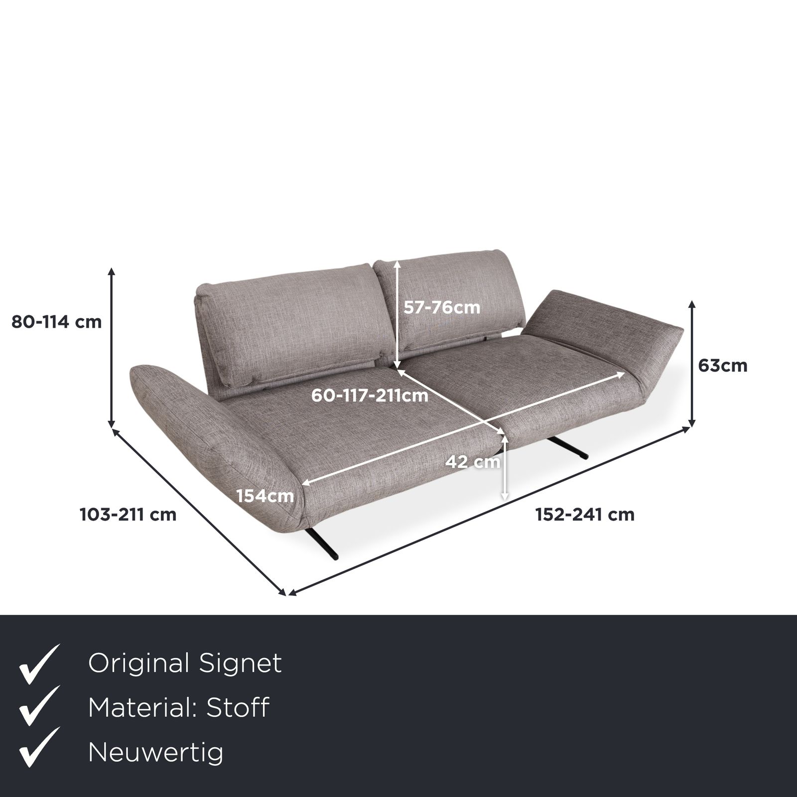 Canapé 2 places Signet Messina en tissu gris, fonction manuelle et couchage photo furniture