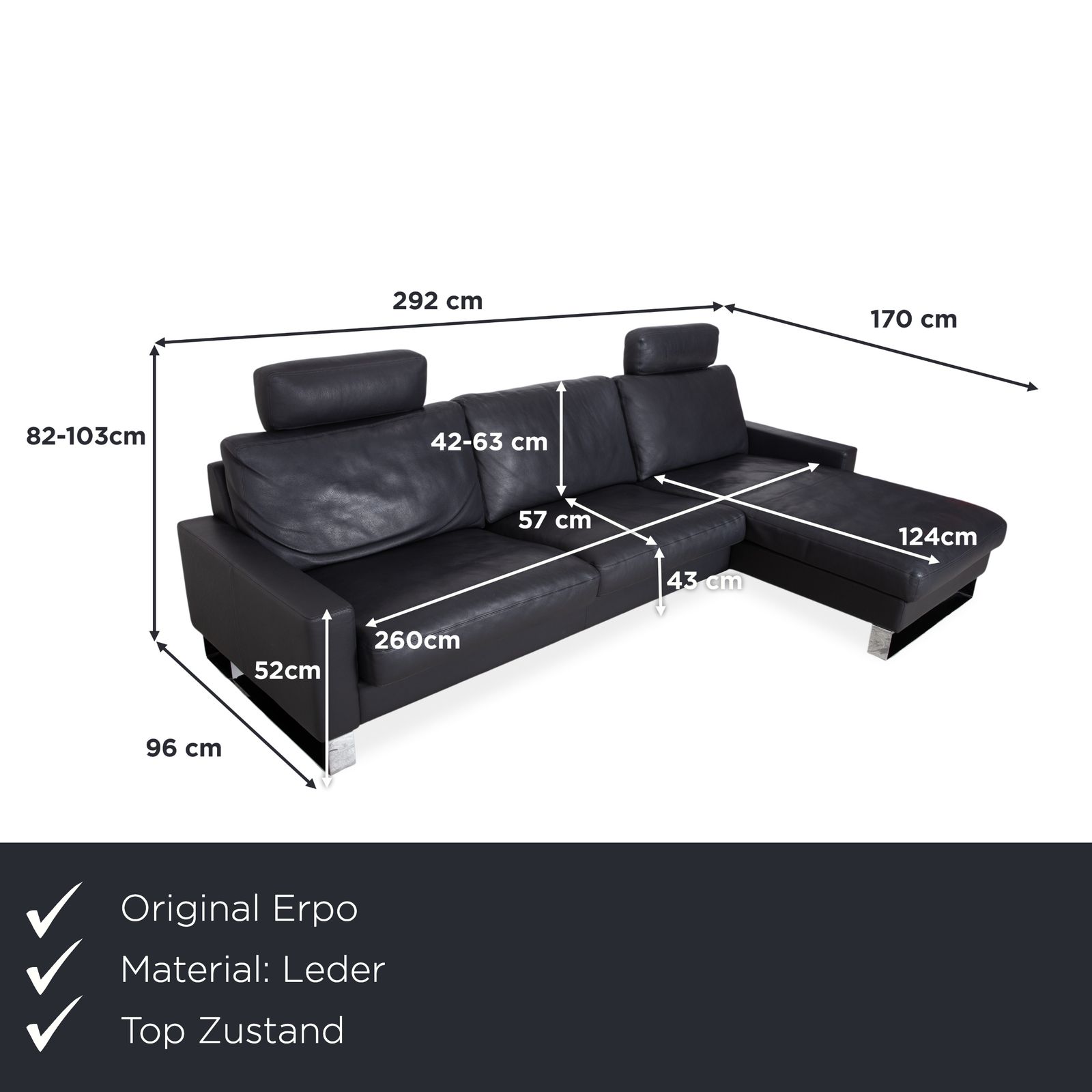 Canapé d'angle Erpo CL 820 en cuir gris anthracite foncé, pieds luge en chrome, 2 appuie-têtes inclus, méridienne à droite photo furniture