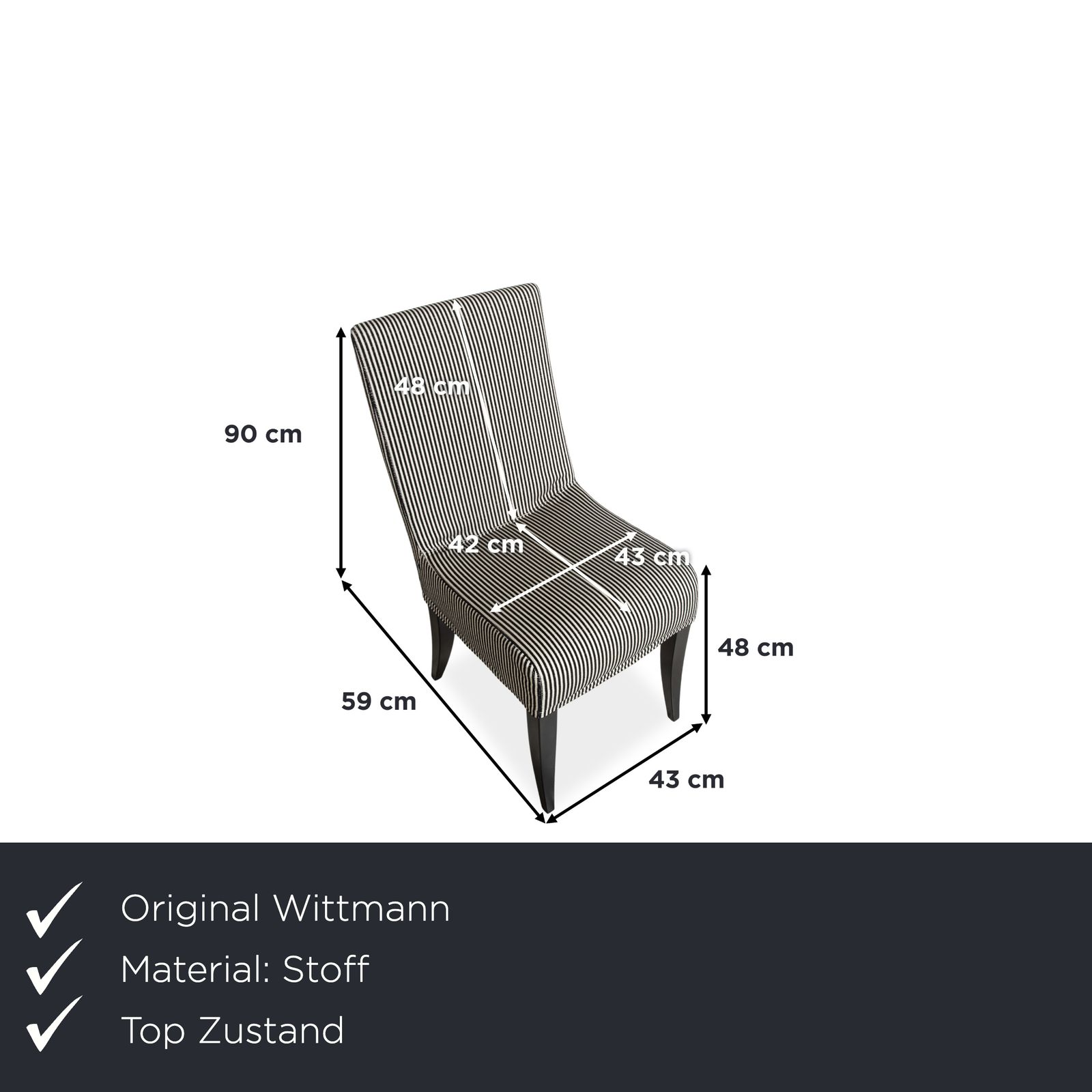Lot de 8 chaises Wittmann Isis en tissu, motif rayé noir et blanc, salle à manger photo furniture