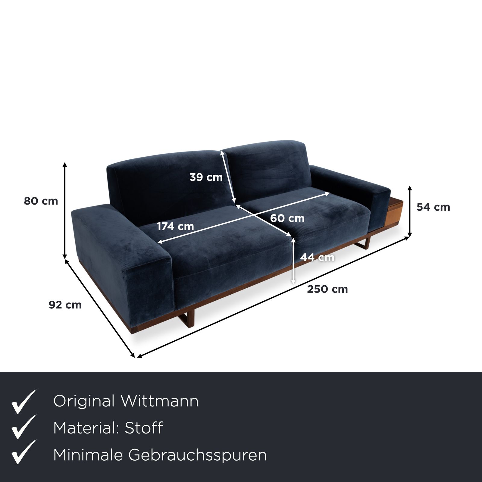 Canapé 2 places Wittmann Palais en velours et bois, bleu pétrole foncé, fonction électrique photo furniture