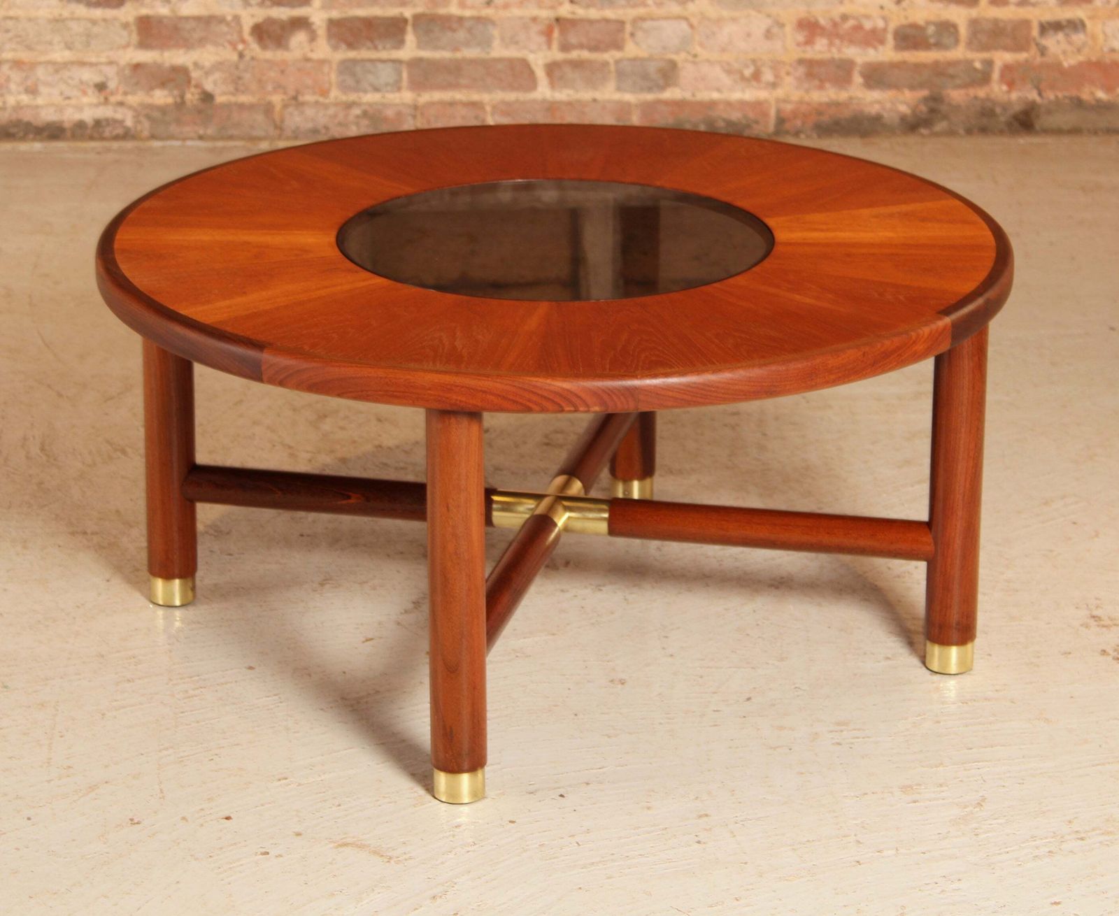 Midcentury G Plan Round Coffee Table With Smoked Glass Top & Brass Feet C.1960s photo 650.0