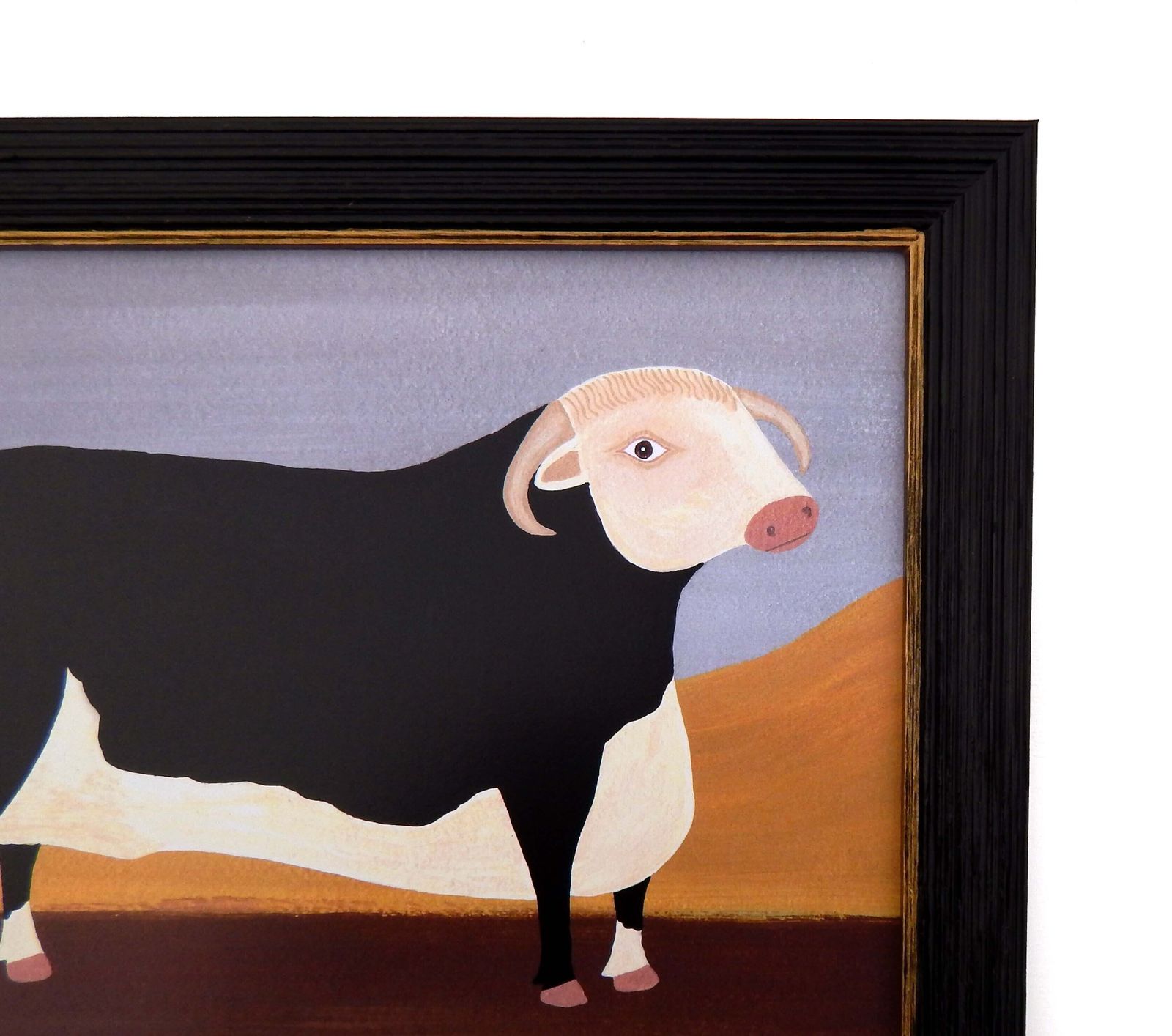 Naive Prize Hereford Bull Folk Art Cow Print In Hand Painted Black Frame By Matt Rix photo Art