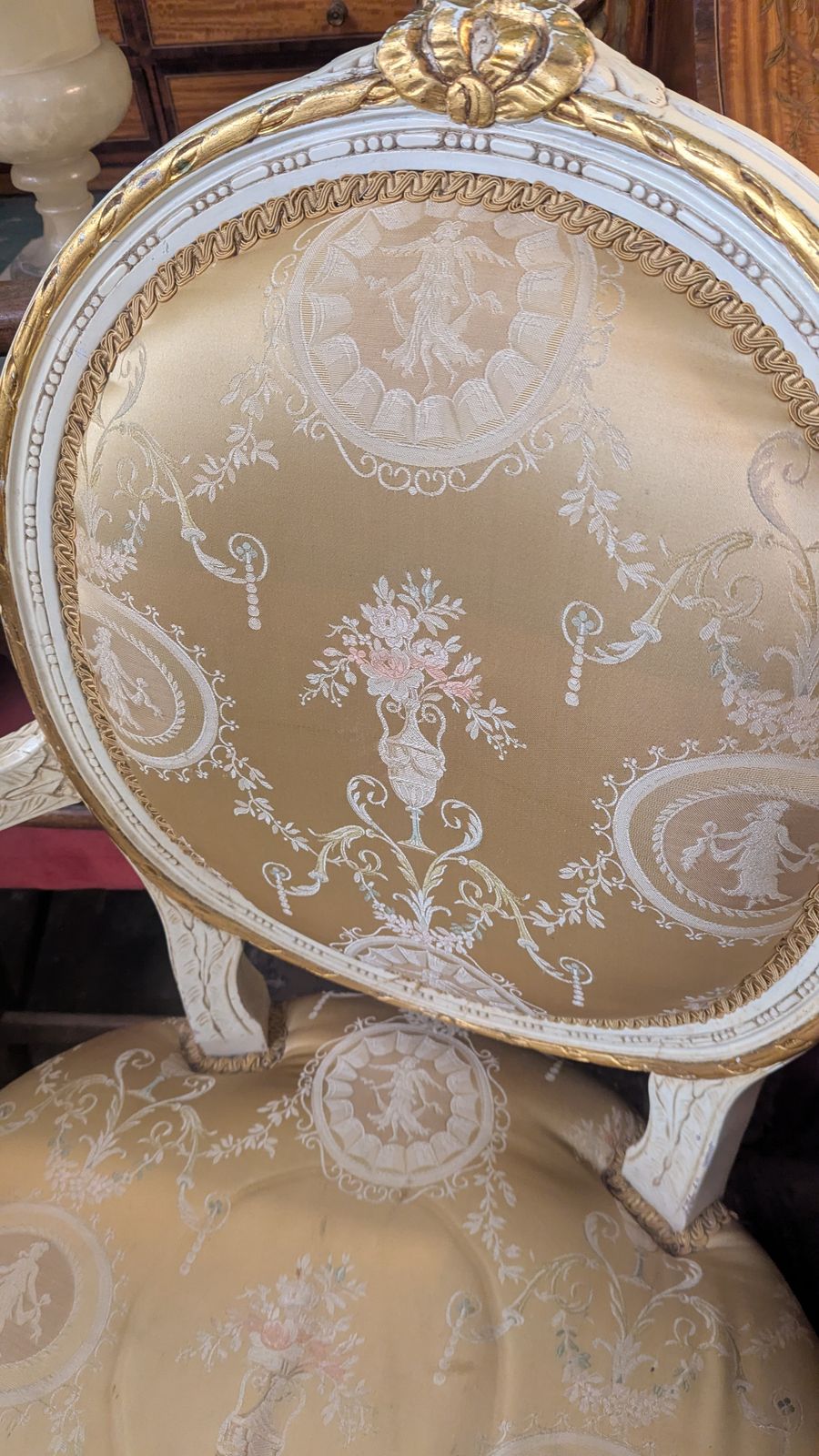 Antique Silk Covered French Empire Style Fauteuil Wooden Chair photo furniture