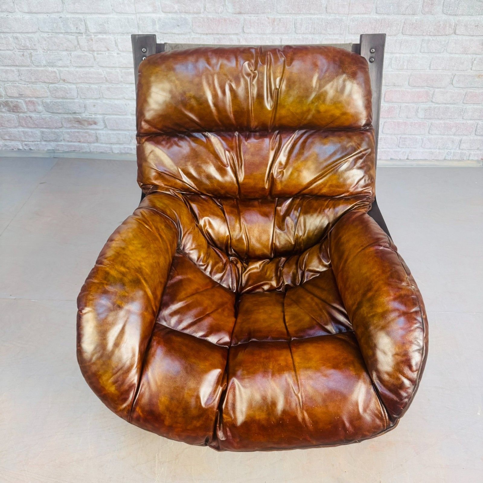 Vintage 1970s Swedish Cantilever Tan Leather Armchair – Stylish, Comfortable photo for sale