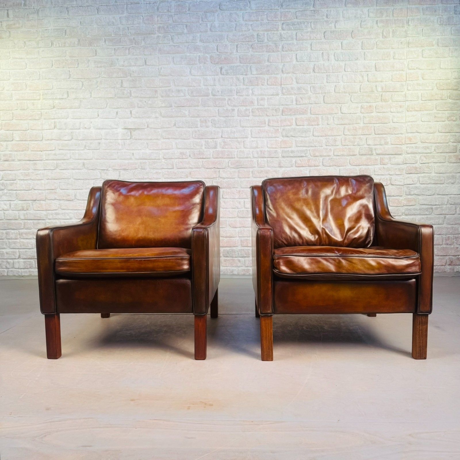 Pair Of Tan Leather Børge Mogensen Style Danish Armchairs – Hand Dyed Patina photo for sale