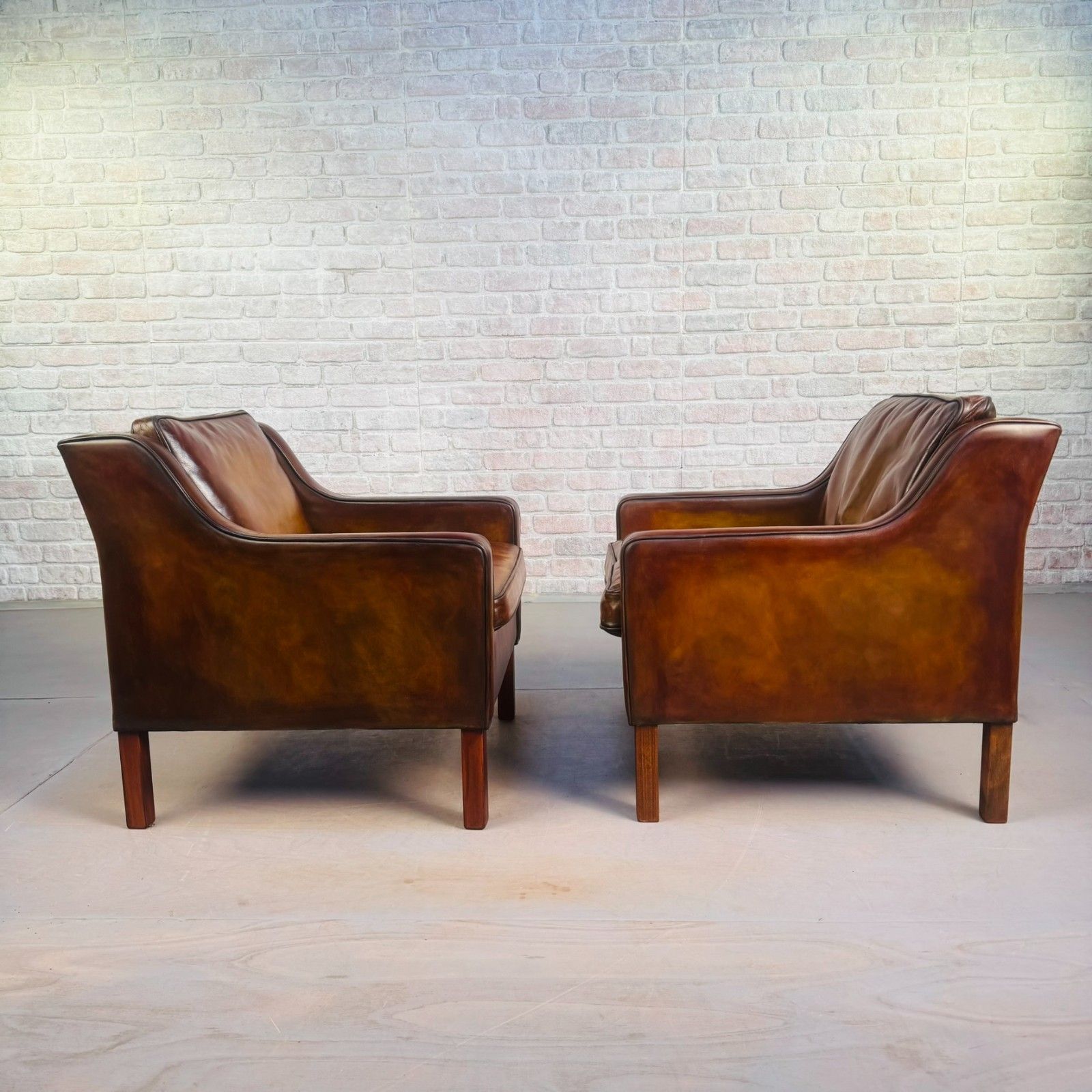 Pair Of Tan Leather Børge Mogensen Style Danish Armchairs – Hand Dyed Patina photo buy