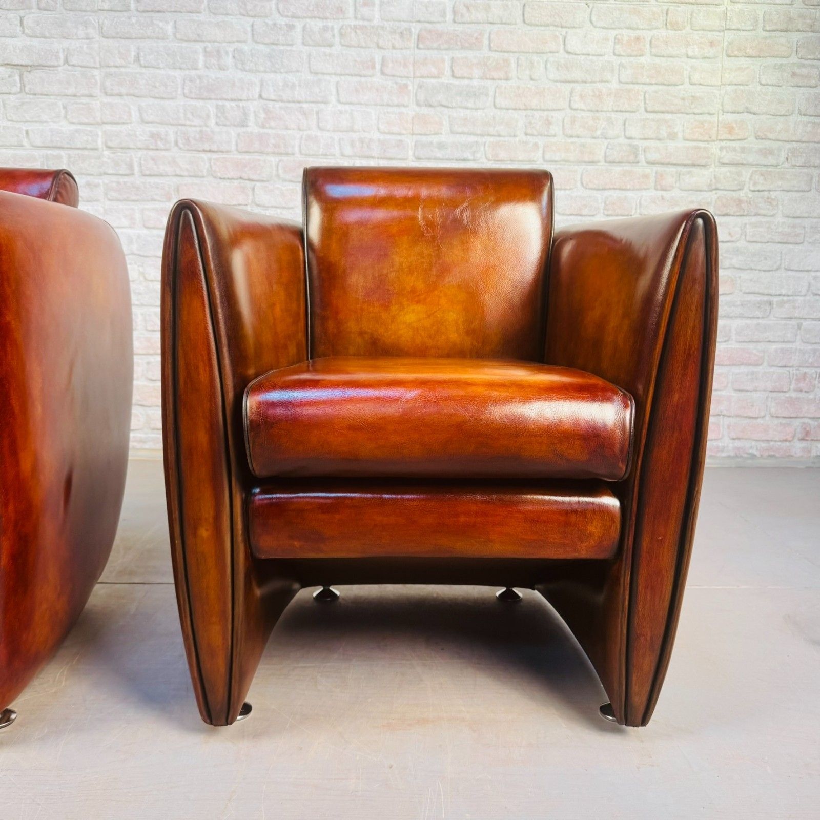 Furniture Neat Pair Of Contemporary Danish Tan Leather Armchairs – Compact, Comfortable photo