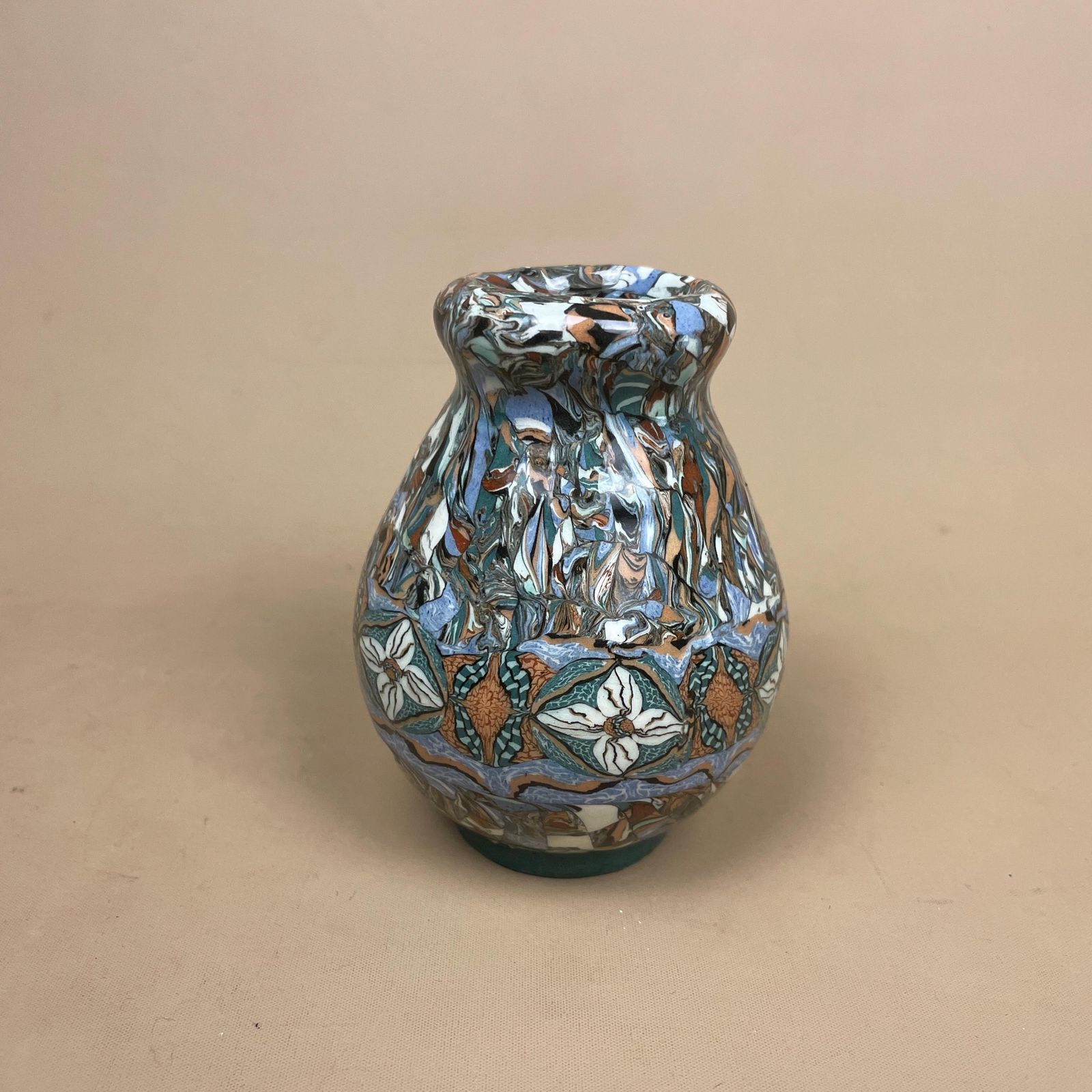 Jean Gerbino Vallauris Mosaic Ceramic Vase Blue Marbled Patterned 11cm Vintage French Decorative Art Deco Pot Small Display Ornament photo furniture