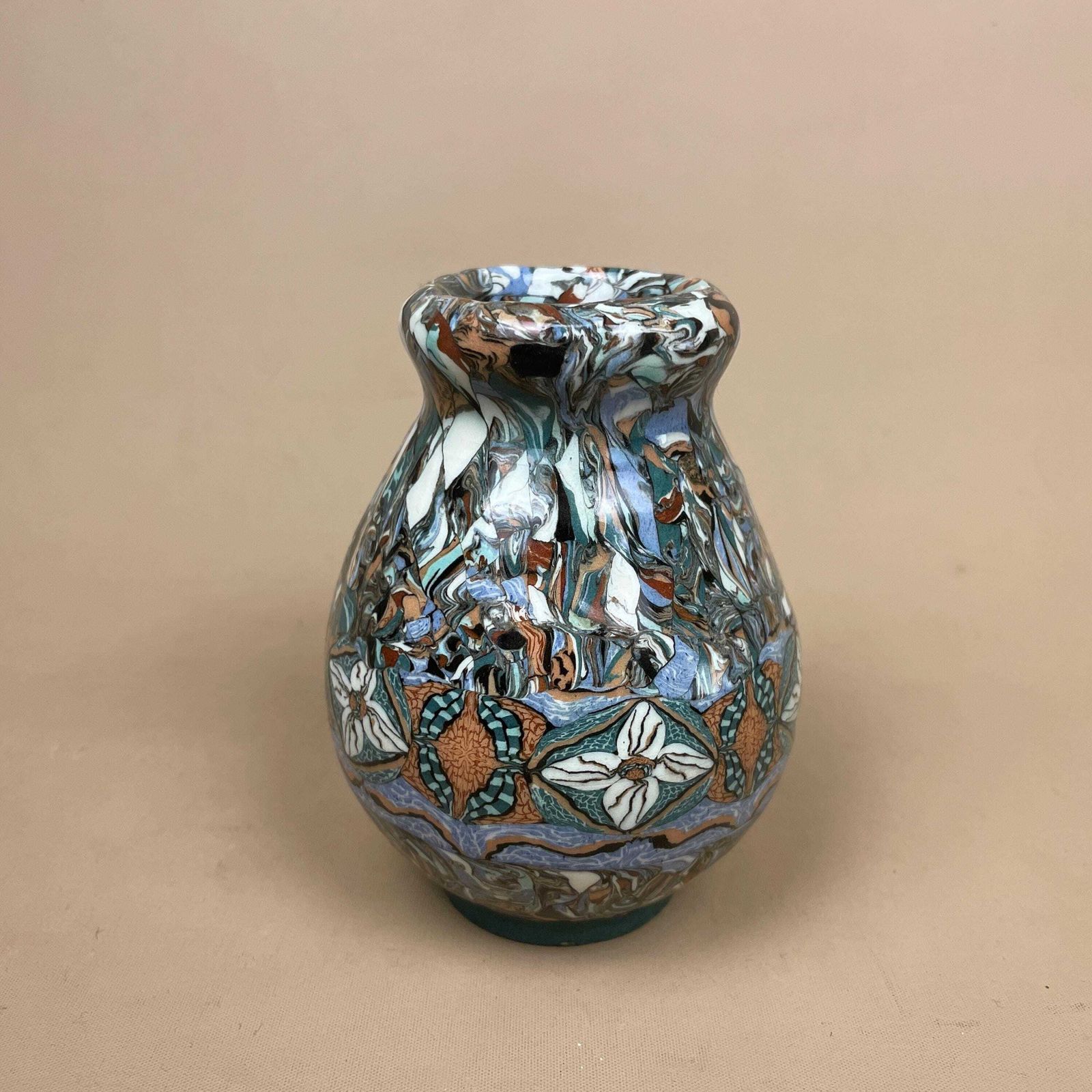 Jean Gerbino Vallauris Mosaic Ceramic Vase Blue Marbled Patterned 11cm Vintage French Decorative Art Deco Pot Small Display Ornament photo vinterior
