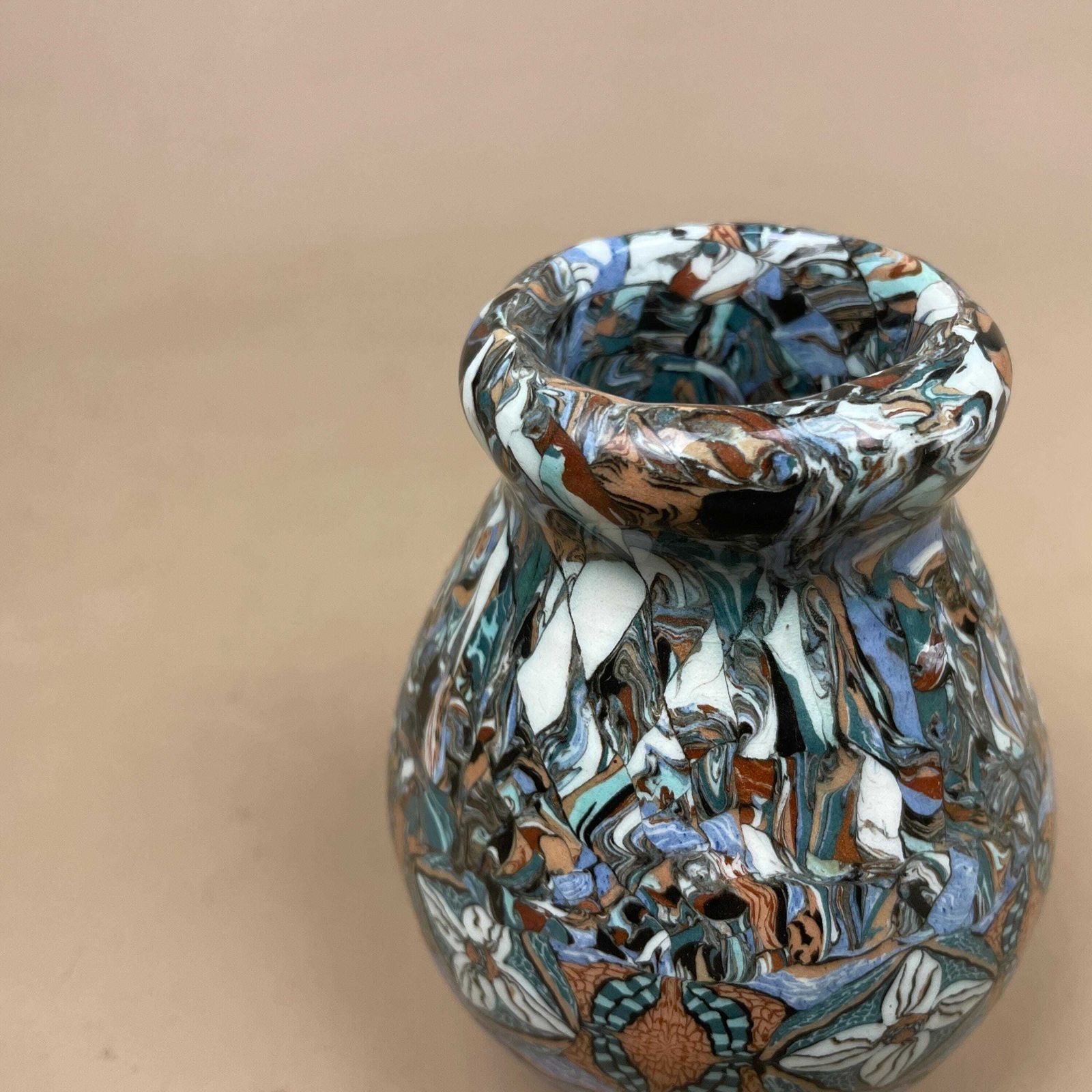 Jean Gerbino Vallauris Mosaic Ceramic Vase Blue Marbled Patterned 11cm Vintage French Decorative Art Deco Pot Small Display Ornament photo buy