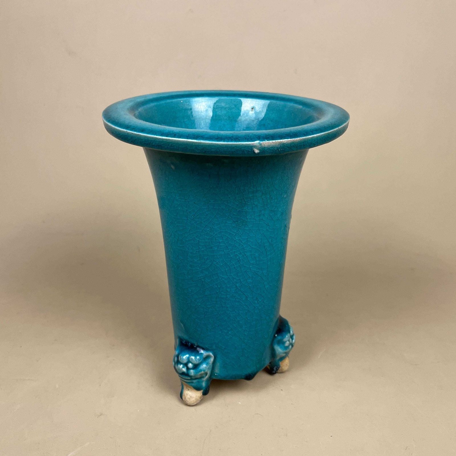Oriental Antique Decorative Vase Ceramic Pot Chinese Vintage Display Turquoise Glaze Asian Lion Face Detail Feet Flute photo for sale