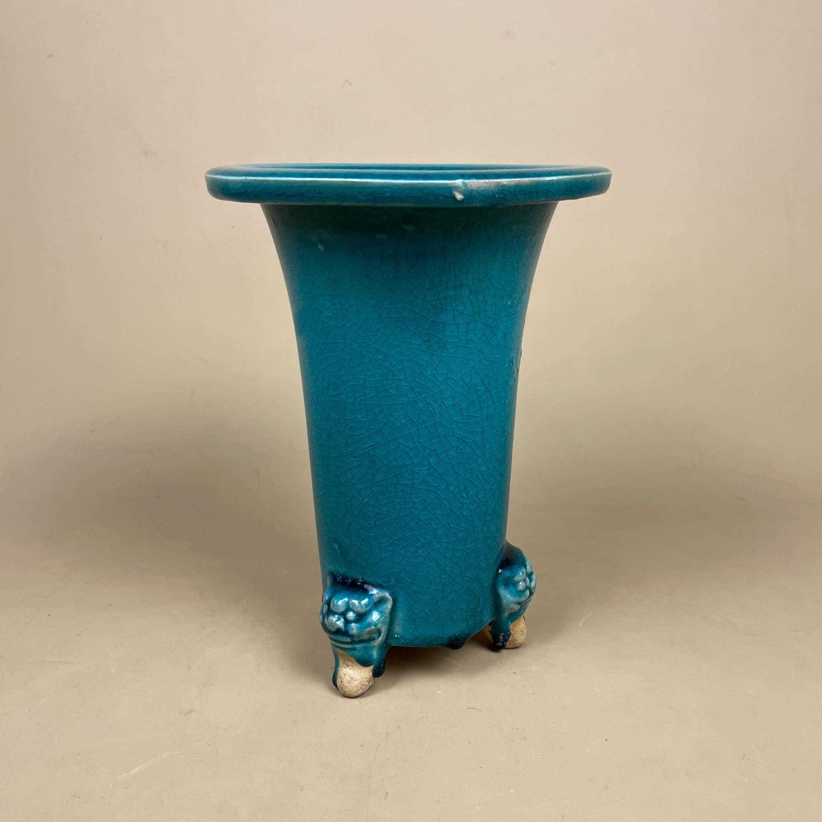 Oriental Antique Decorative Vase Ceramic Pot Chinese Vintage Display Turquoise Glaze Asian Lion Face Detail Feet Flute photo Home Decor