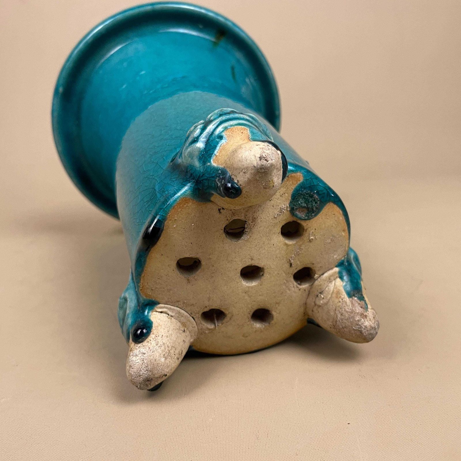 Home Decor Oriental Antique Decorative Vase Ceramic Pot Chinese Vintage Display Turquoise Glaze Asian Lion Face Detail Feet Flute photo