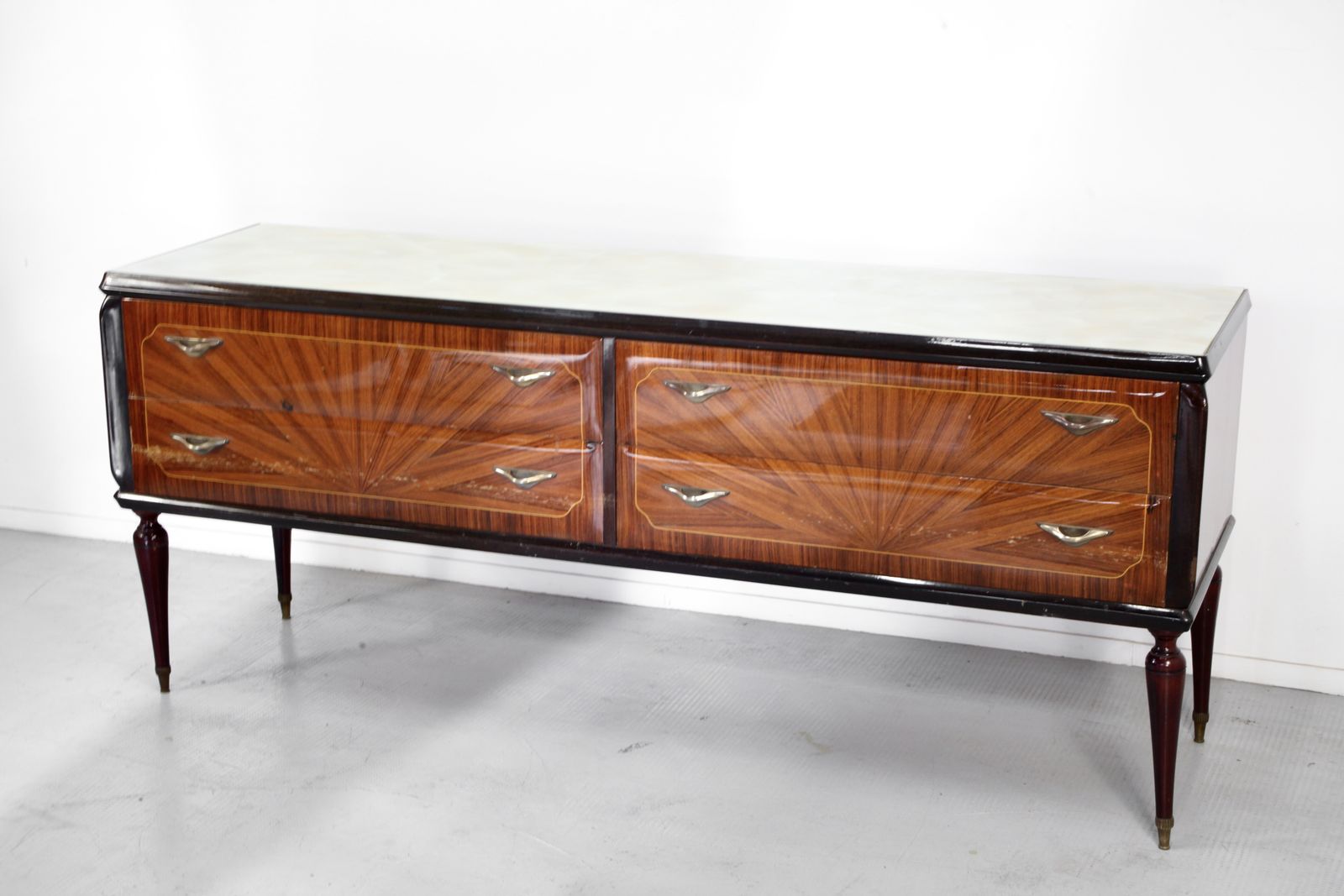 Midcentury Italian Sideboard / Dresser In Walnut And Brass. Vintage Modern photo vinterior