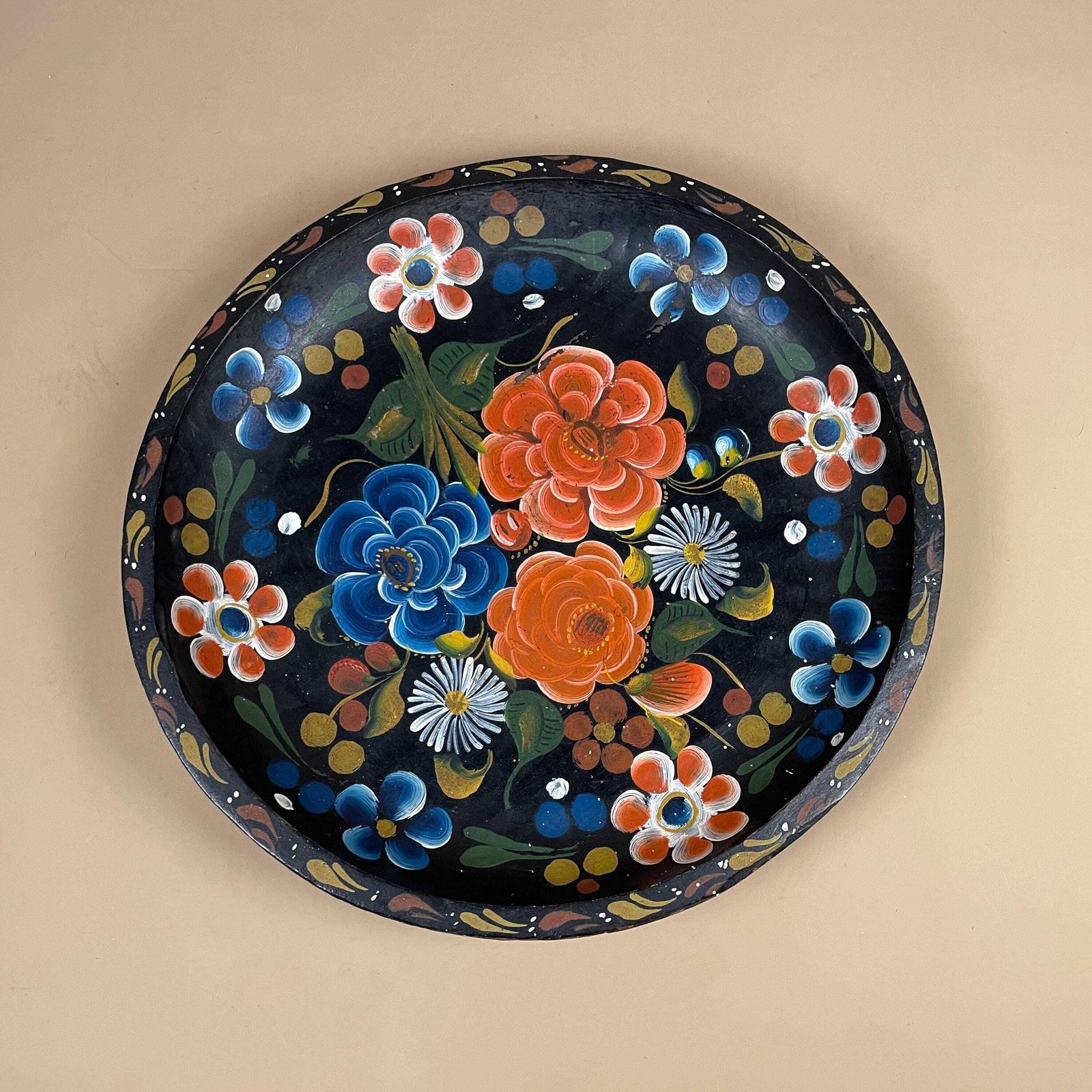 Mexican Wooden Bowl Hand Painted Floral Folk Art Round Decorative Dish Batea Pretty Vintage Flowers Red Blue Yellow photo furniture