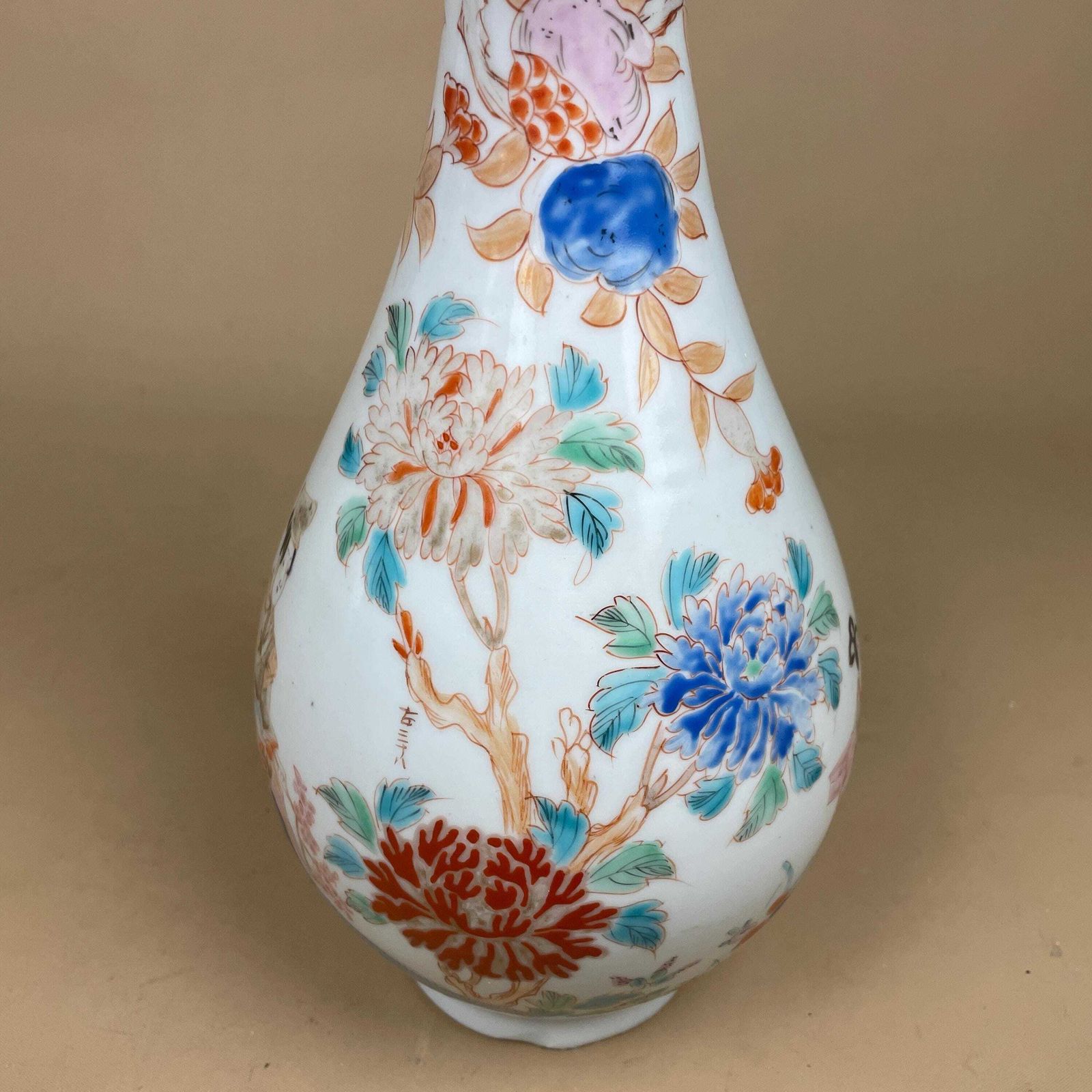 Oriental Antique Decorative Vase Ceramic White Pot Japanese Vintage Display Hand Painted Asian Old Floral Flowers Delicate Frilly Scalloped photo for sale