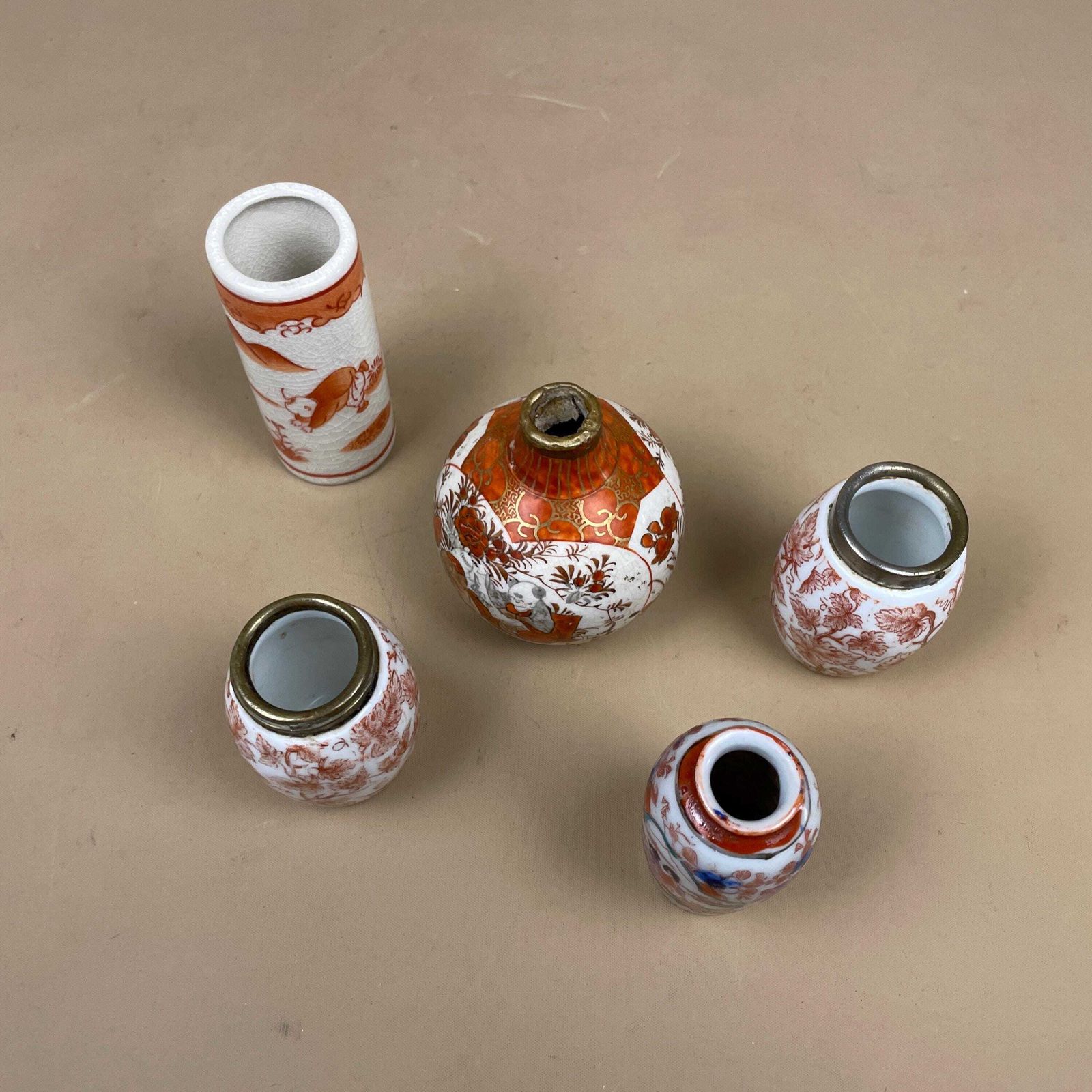 Set Of 5 Miniature Oriental Chinese Ceramic Porcelain Handmade Vase Small Floral Decorative Pot Antique Asian Painted Flower Orange White photo 50.0