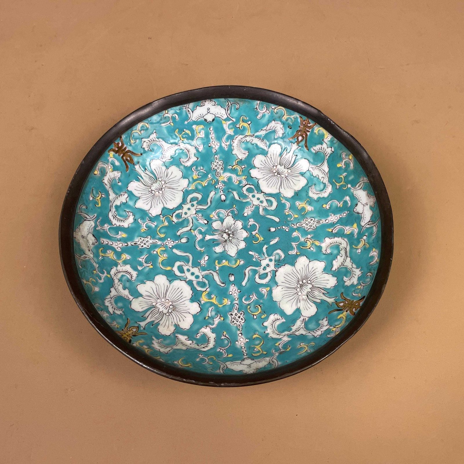 Antique Oriental Ceramic Hand Painted Floral Bowl Plate Japanese Decorative Asian Round Porcelain Metal Back Blue 19.6cm Key Dish Coin