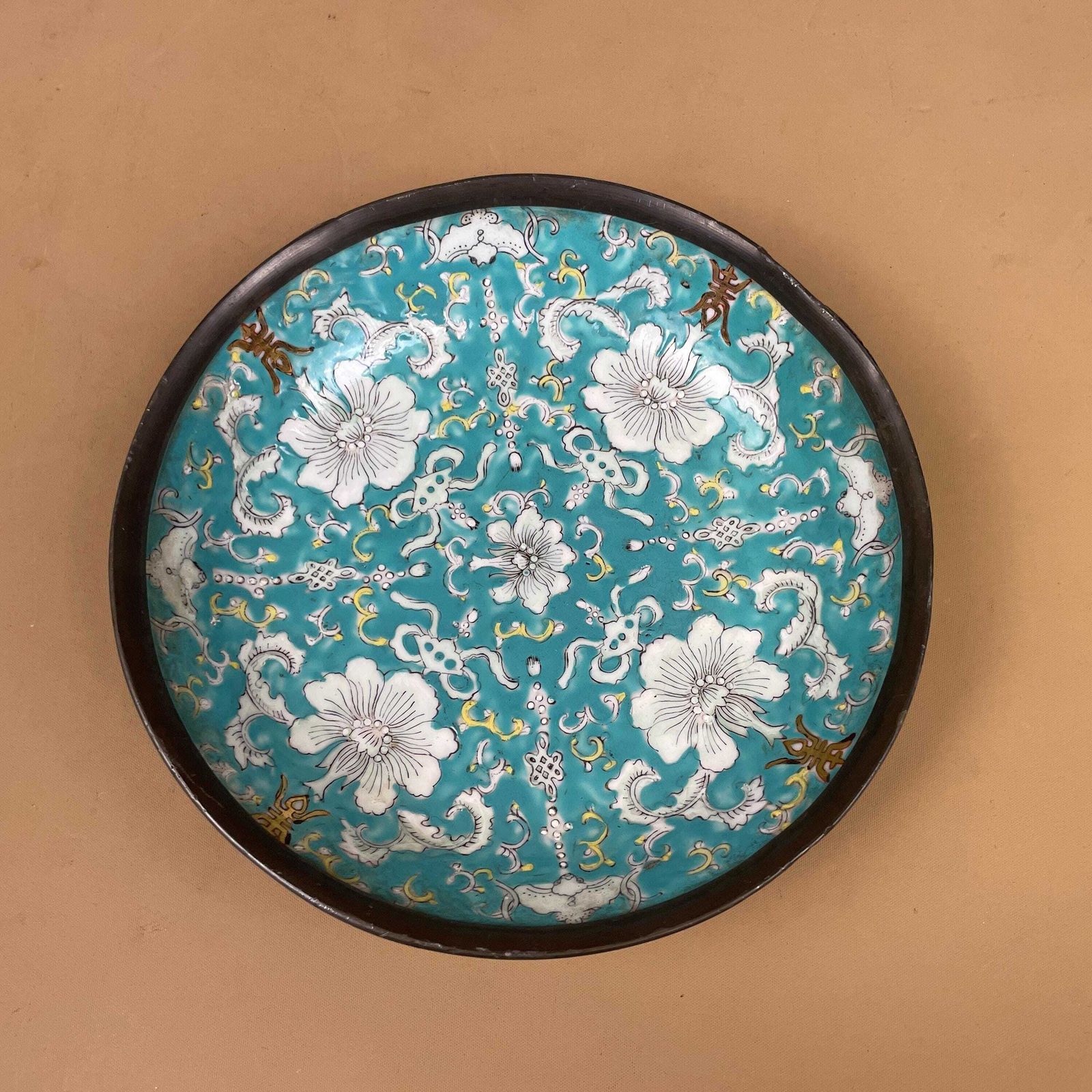 Antique Oriental Ceramic Hand Painted Floral Bowl Plate Japanese Decorative Asian Round Porcelain Metal Back Blue 19.6cm Key Dish Coin photo furniture