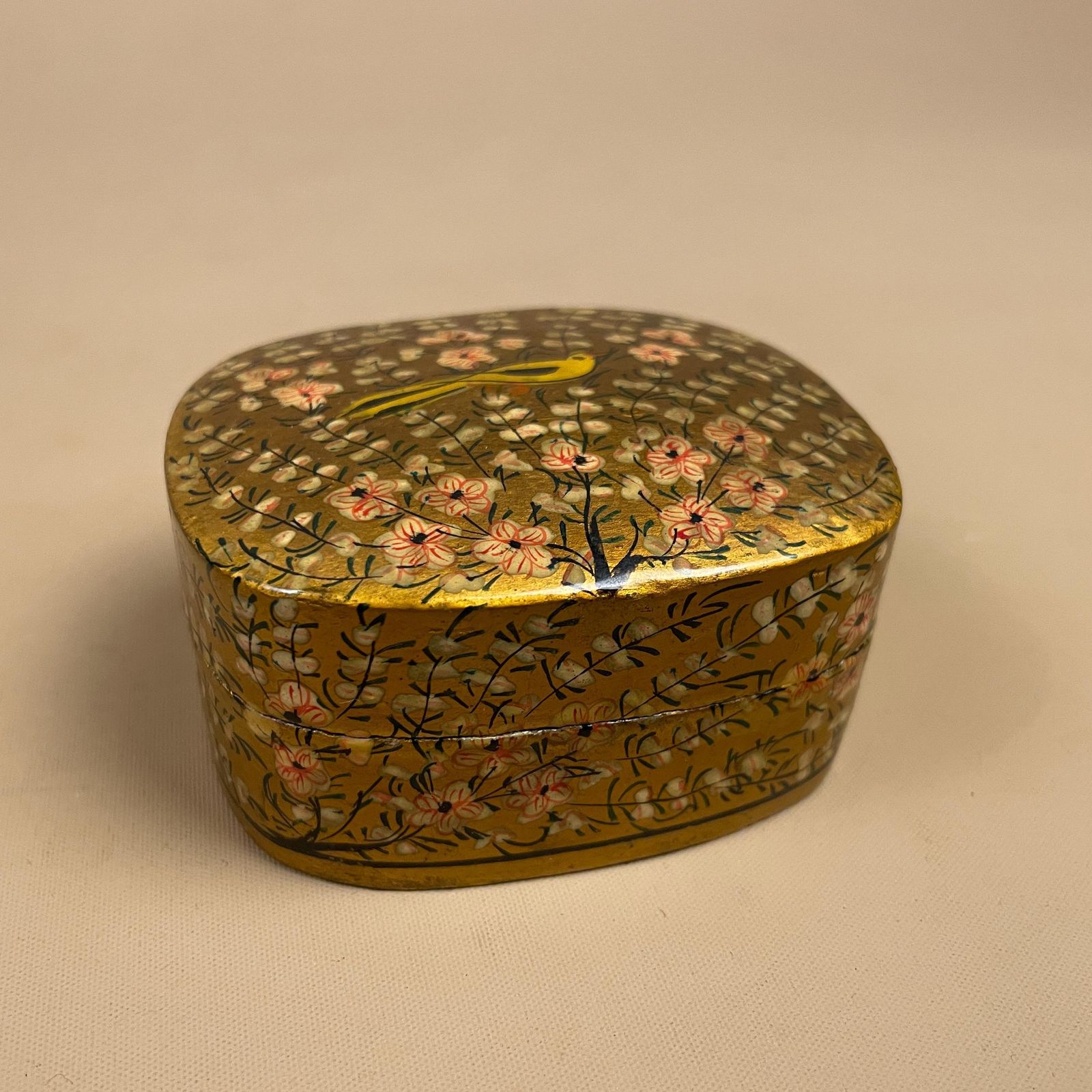 Kashmiri Style Papier Mache Box Hand Painted Floral Bird Trinket Decorative Box Dressing Table Decor Rings Trinket Lidded Pot Lacquered photo for sale