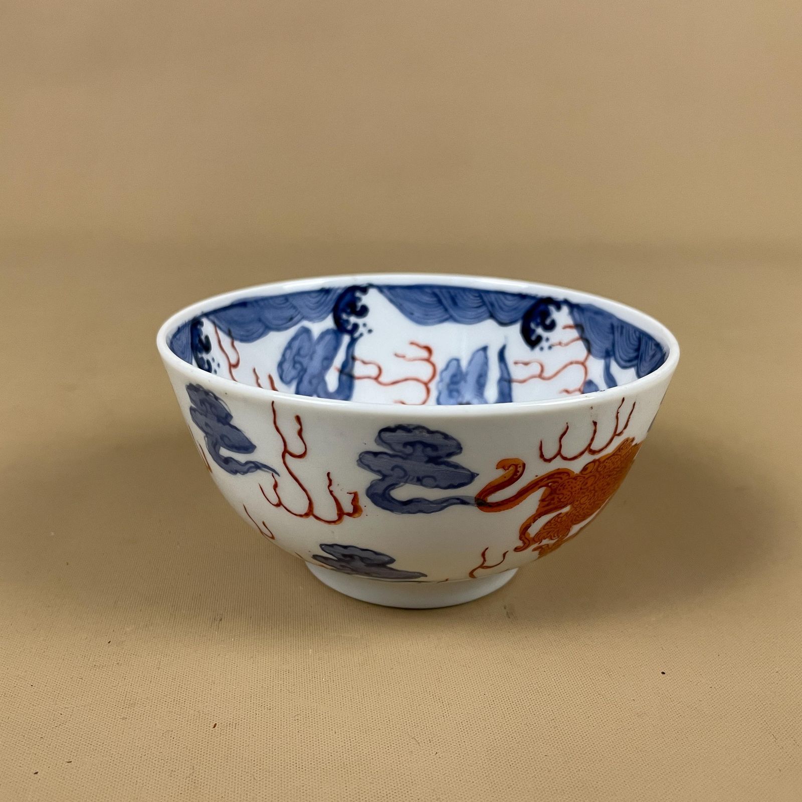Antique Oriental Ceramic Hand Painted Bowl Plate Chinese Decorative Asian Round Porcelain White Blue Orange 11.5cm Key Dish Coin Dragon photo Home Decor