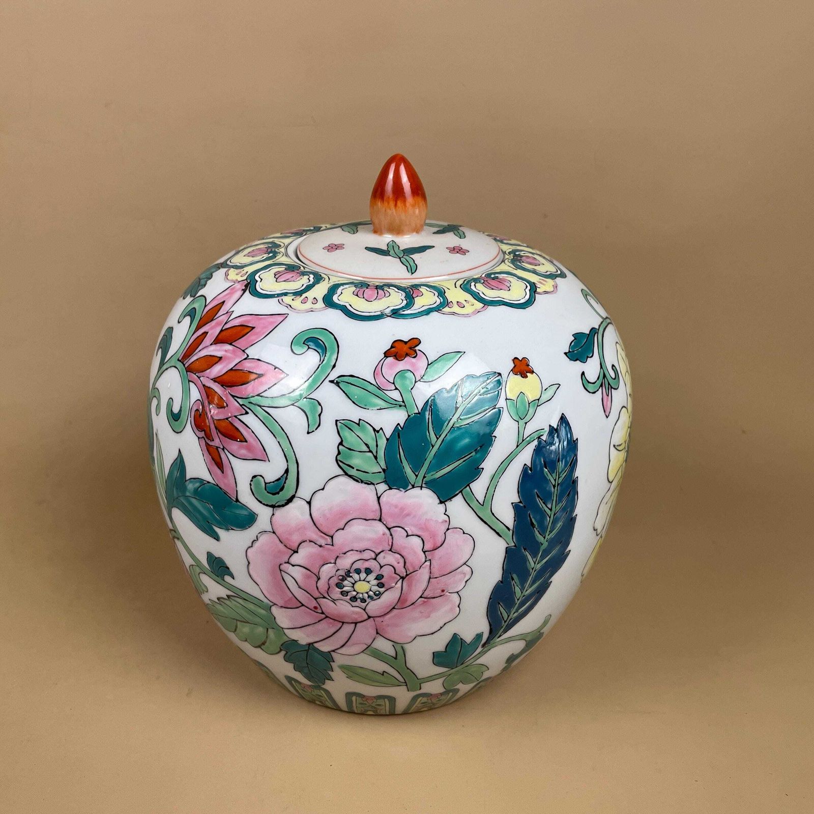 Oriental Decorative Vase Ceramic White Pink Floral Design Pot Chinese Vintage Display Lidded Ginger Jar Lid Pattern Ornament Ornate photo for sale