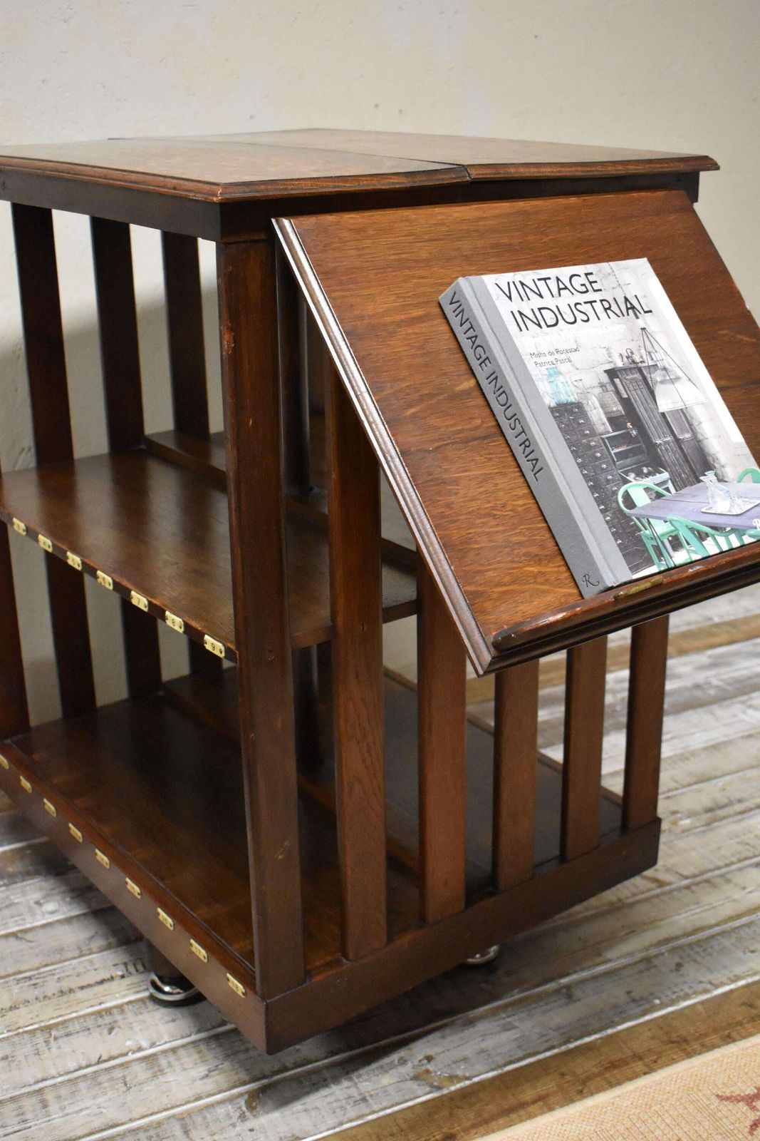 photo vinterior Antique Art Deco Revolving Oak Library Bookcase With Bakelite Index Numbers