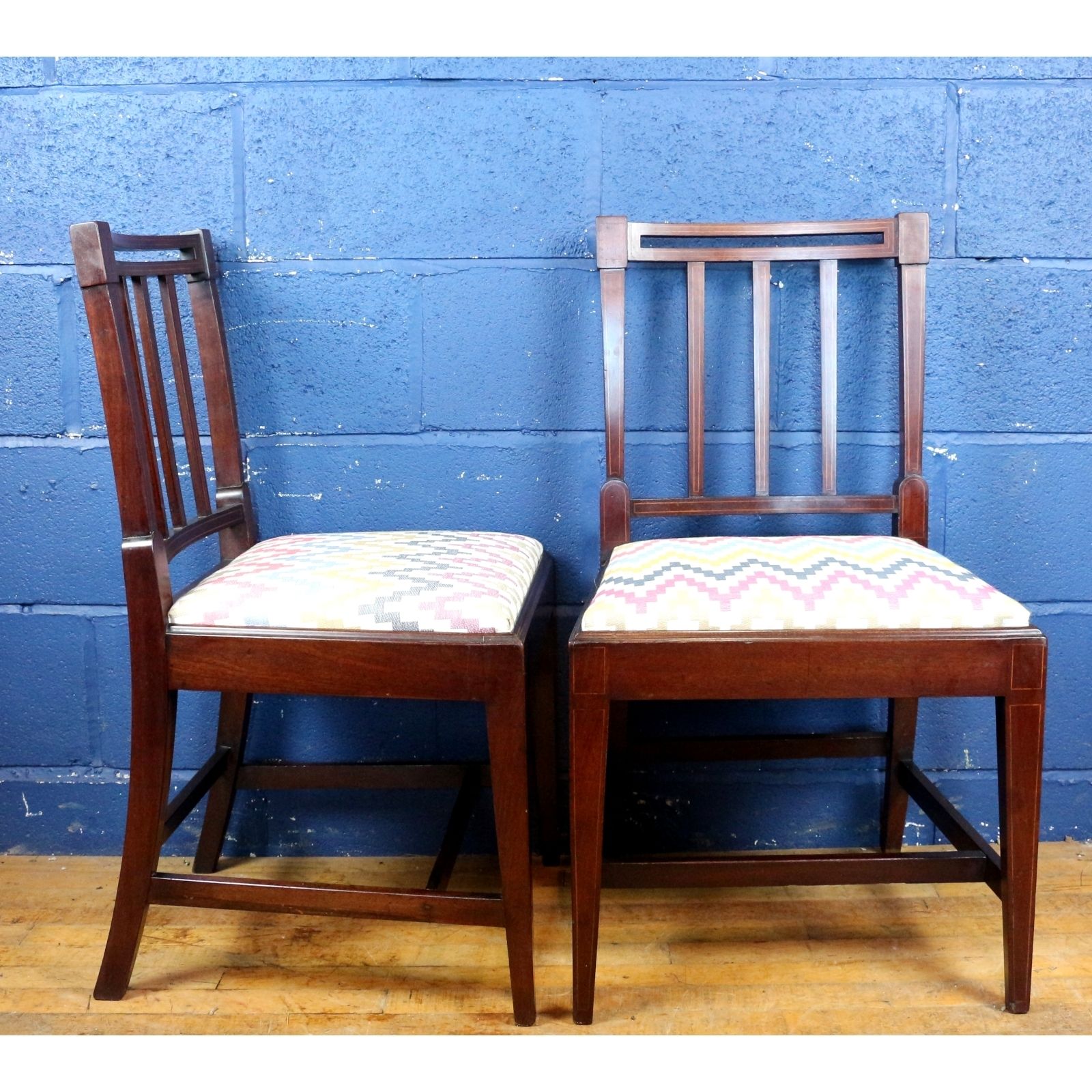 A Set Of Four Edwardian Inlaid Mahogany Slat Back Dining Chairs Freshly Reupholstered photo for sale