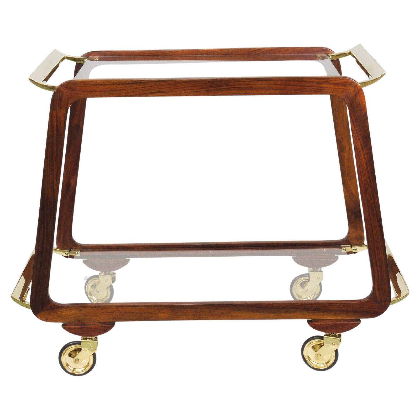 Mid Century Walnut Brass Bar Cart Serving Trolley, 1950s, Oswald Haerdtl Attr.