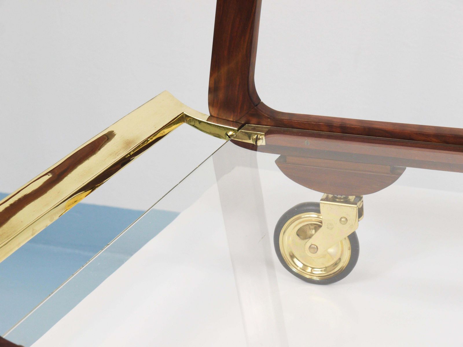 photo for sale Mid Century Walnut Brass Bar Cart Serving Trolley, 1950s, Oswald Haerdtl Attr.