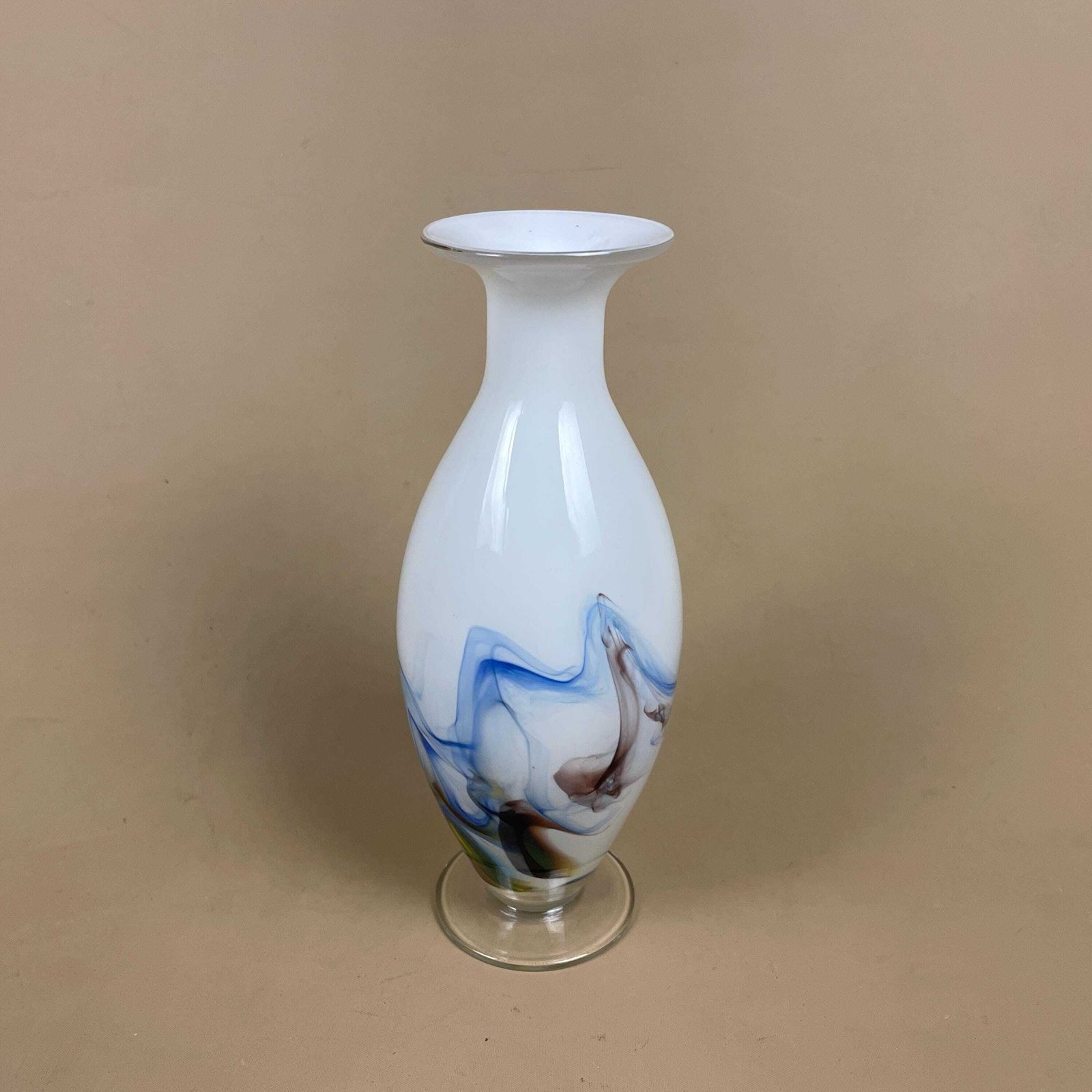 White Blue Swirl Vase Art Glass Decorative Shelf Display Centrepiece Handblown Style Hand Applied Colour