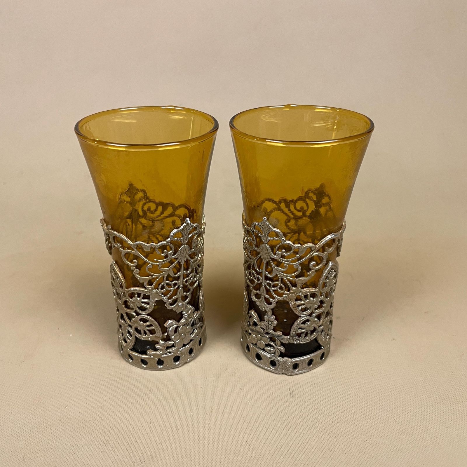 Amber Glass Decanter Metal Filigree Pattern Pair Ornate Votive Holders Orange Shot Glass photo furniture