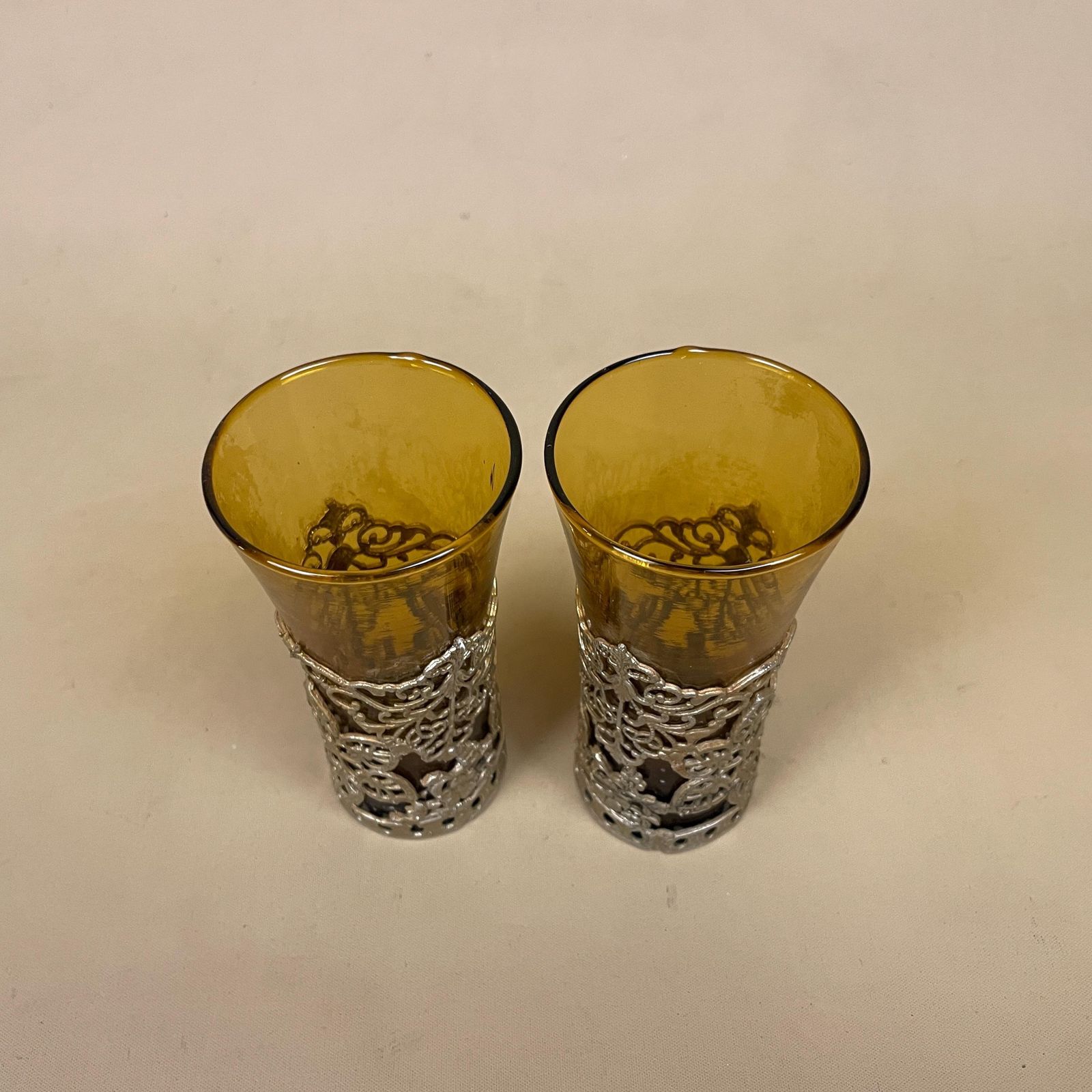 Amber Glass Decanter Metal Filigree Pattern Pair Ornate Votive Holders Orange Shot Glass photo 59.0