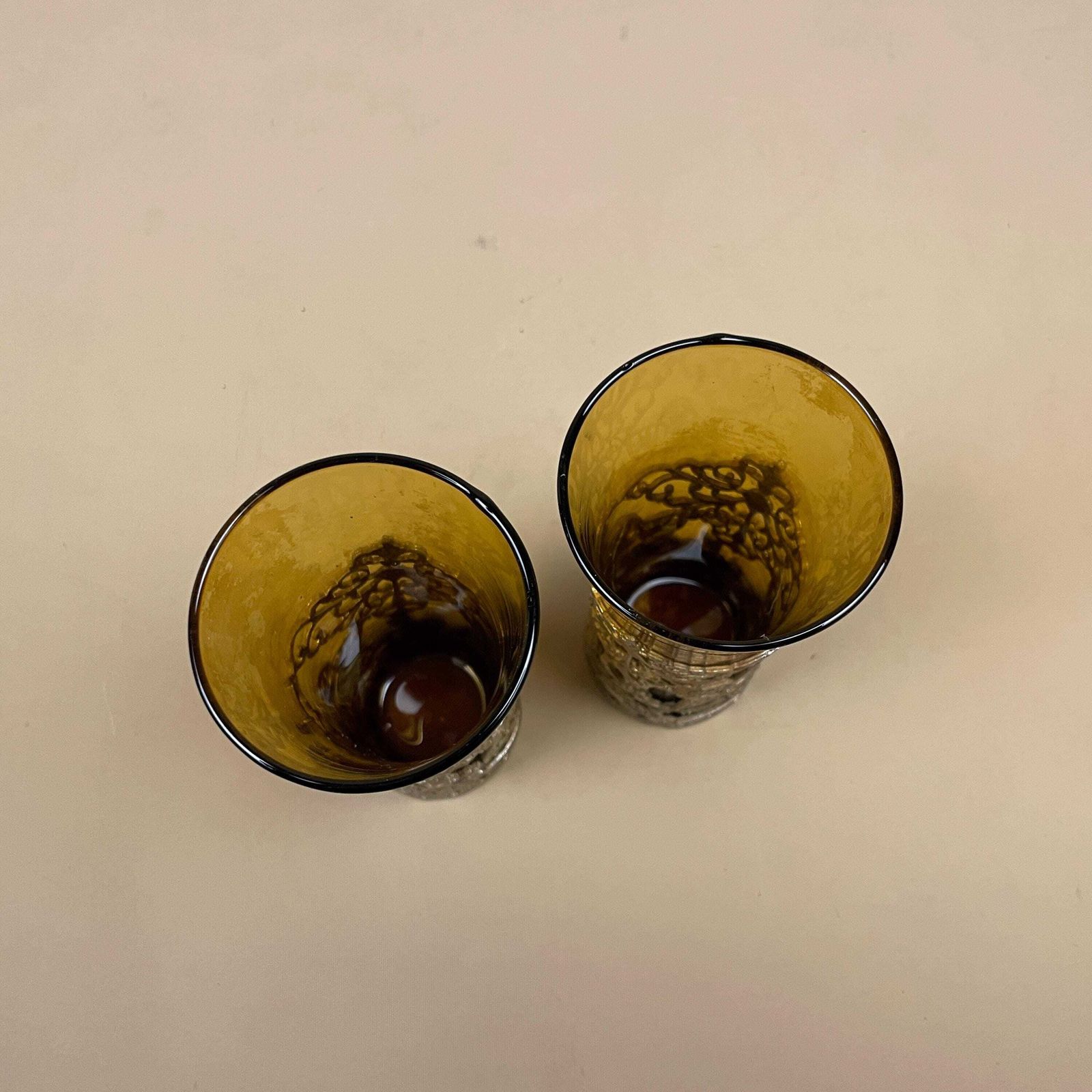 Amber Glass Decanter Metal Filigree Pattern Pair Ornate Votive Holders Orange Shot Glass photo vintage