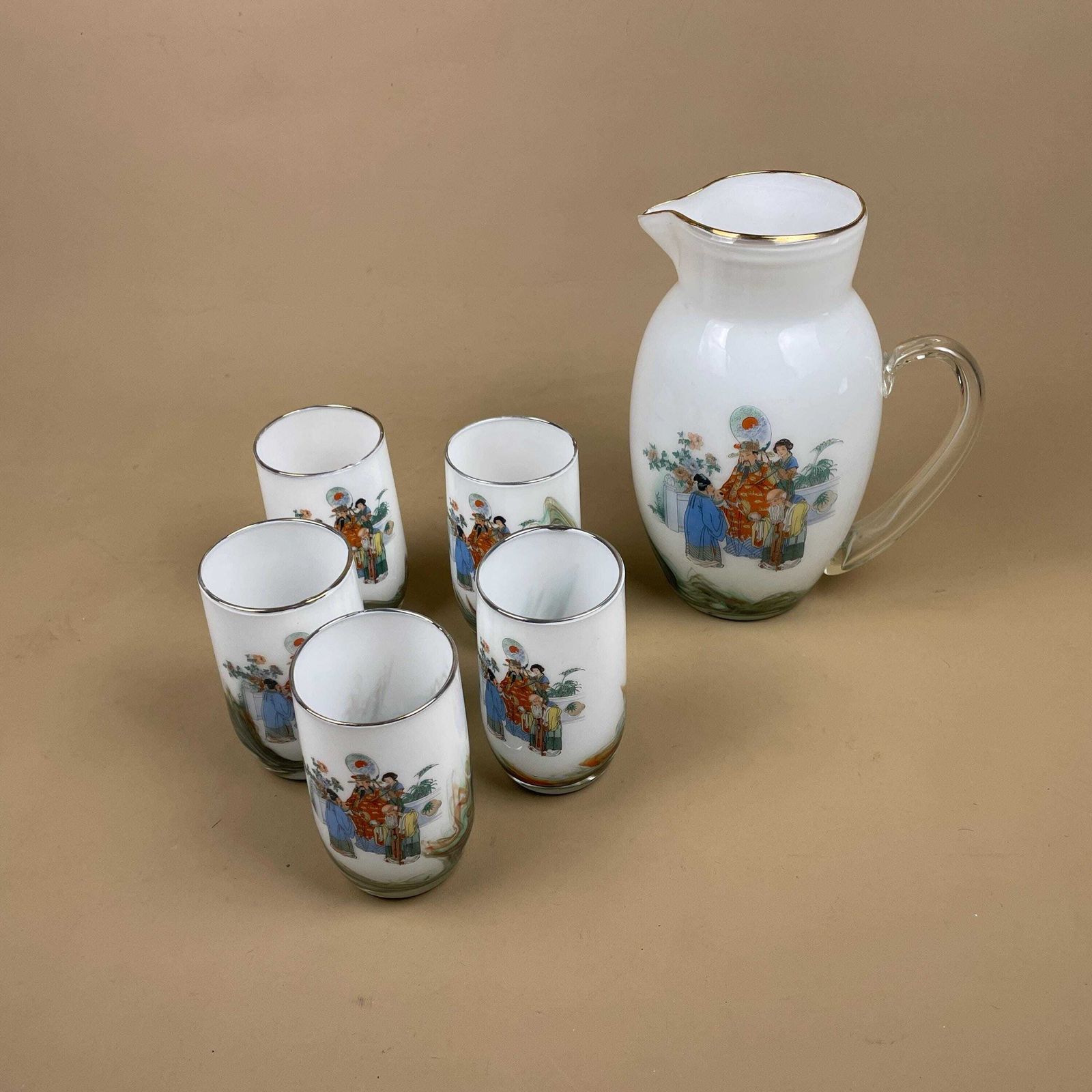 Dalian Snowflake White Transfer Pitcher Jug And Tumblers Figurative Oriental Chinese 5 Glasses & 1 Jug Drinkware Glass photo for sale