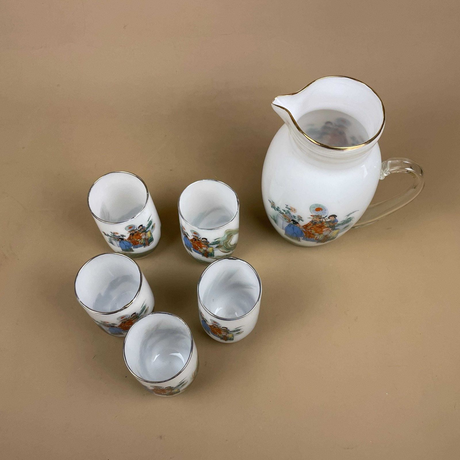 Dalian Snowflake White Transfer Pitcher Jug And Tumblers Figurative Oriental Chinese 5 Glasses & 1 Jug Drinkware Glass photo 75.0