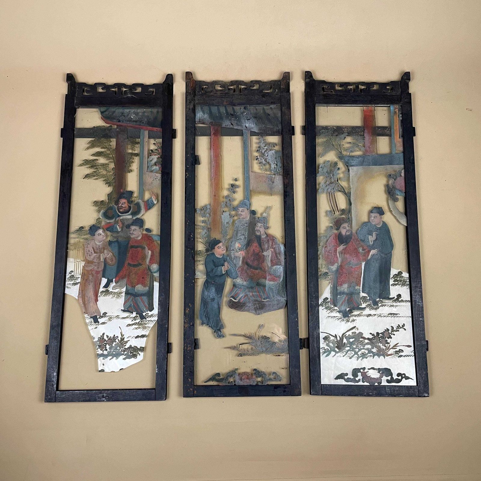 Art Oriental Reverse Glass Painting Panels Black Wood Frame Chinese Hand Painted Figurative Asian Wall Art Chinoiserie Artwork Pictures Picture photo