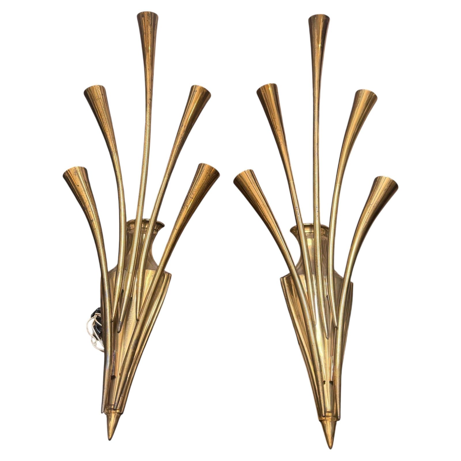 Two 1950 Mid Century Modern Brass Wall Sconces By Oscar Torlasco For Lumi Milano