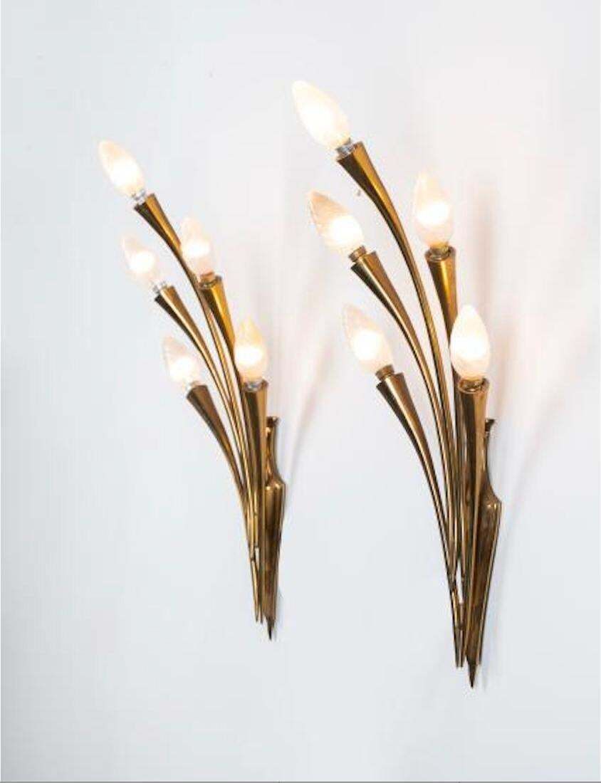 Two 1950 Mid Century Modern Brass Wall Sconces By Oscar Torlasco For Lumi Milano photo for sale