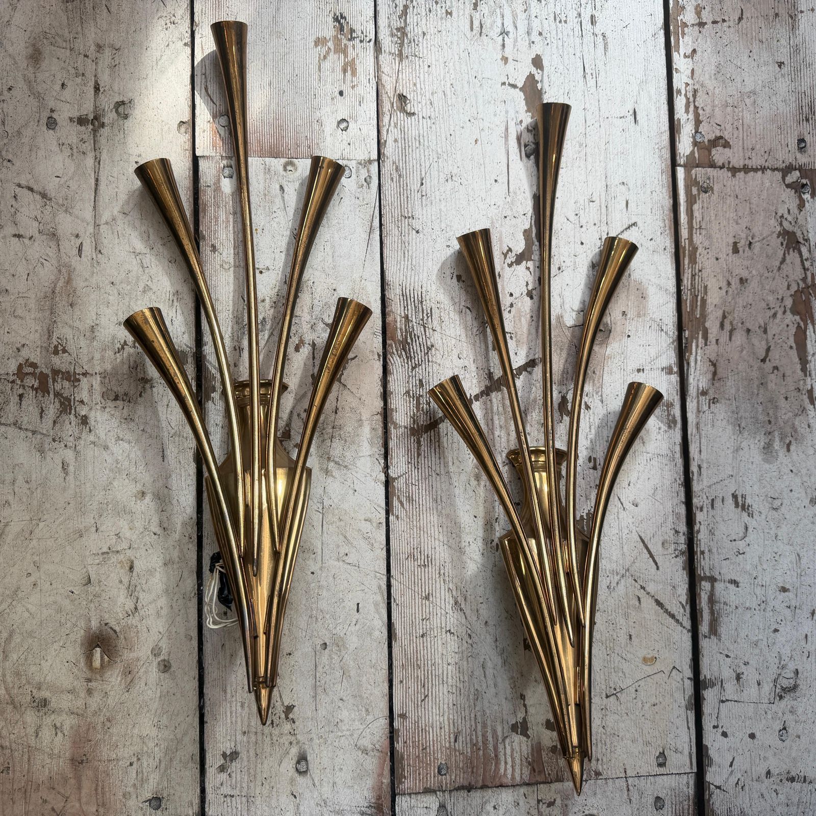 photo furniture Two 1950 Mid Century Modern Brass Wall Sconces By Oscar Torlasco For Lumi Milano