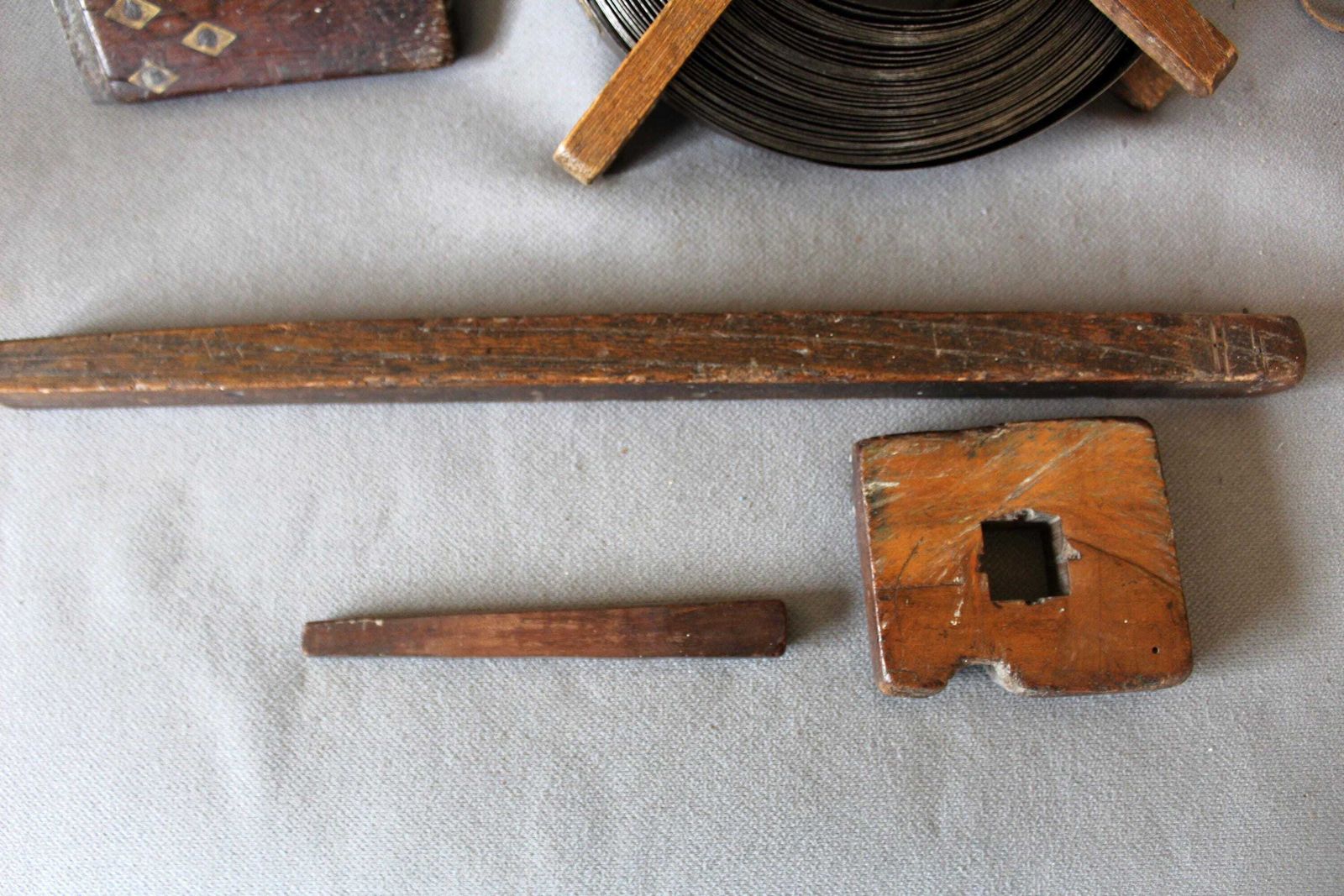 photo for sale Set Of Four Antique Wood Tools, Surveyor Coiled Steel Tape Measure With Brass, A Scribe Marking Gauge, Square With Inlay, Metal Plumb Bob,