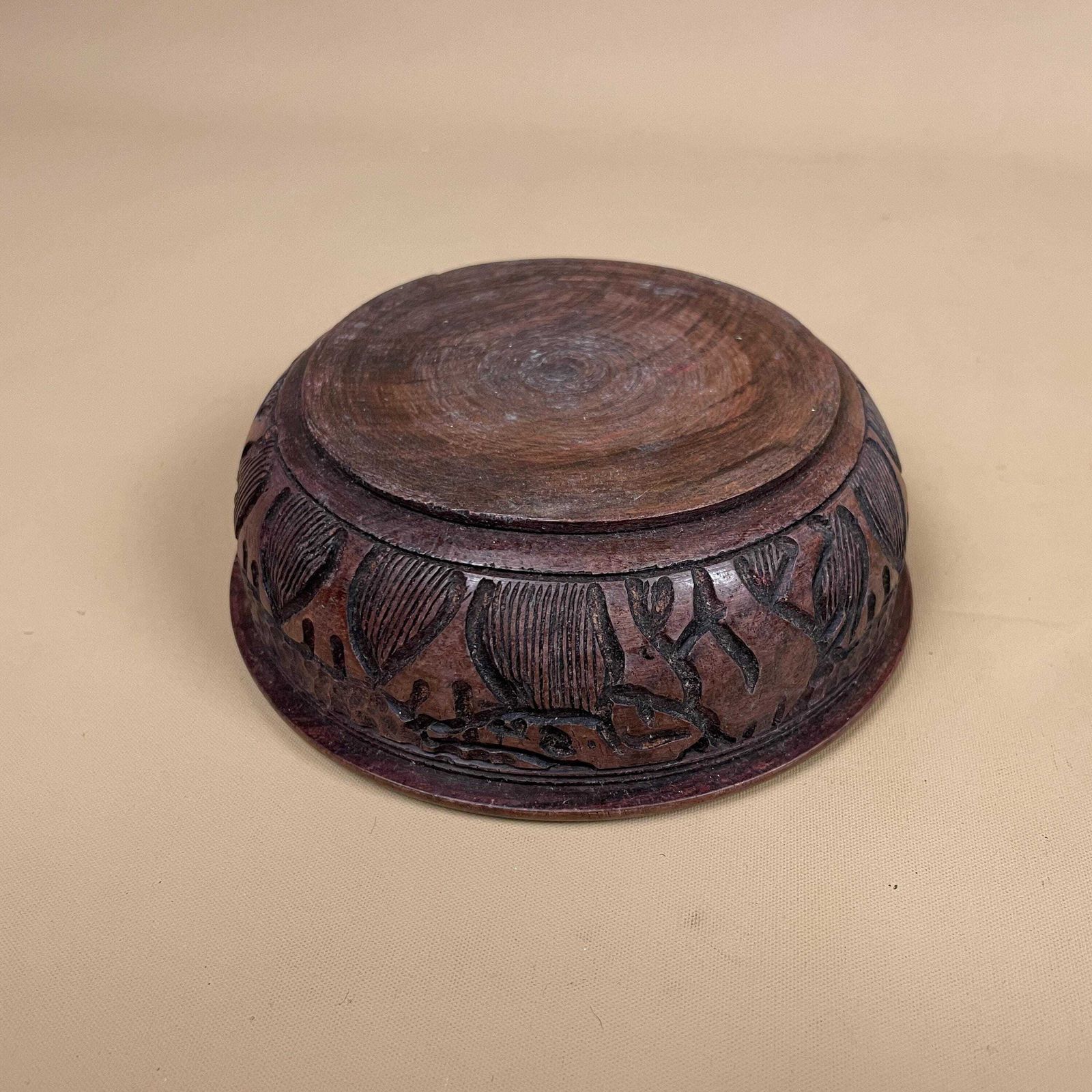 Vintage Hand Carved Wooden Bowl Decorative Elephant Motif African Round Rustic Farmhouse Cottage Wood Tableware Low Profile Rim photo Home Decor