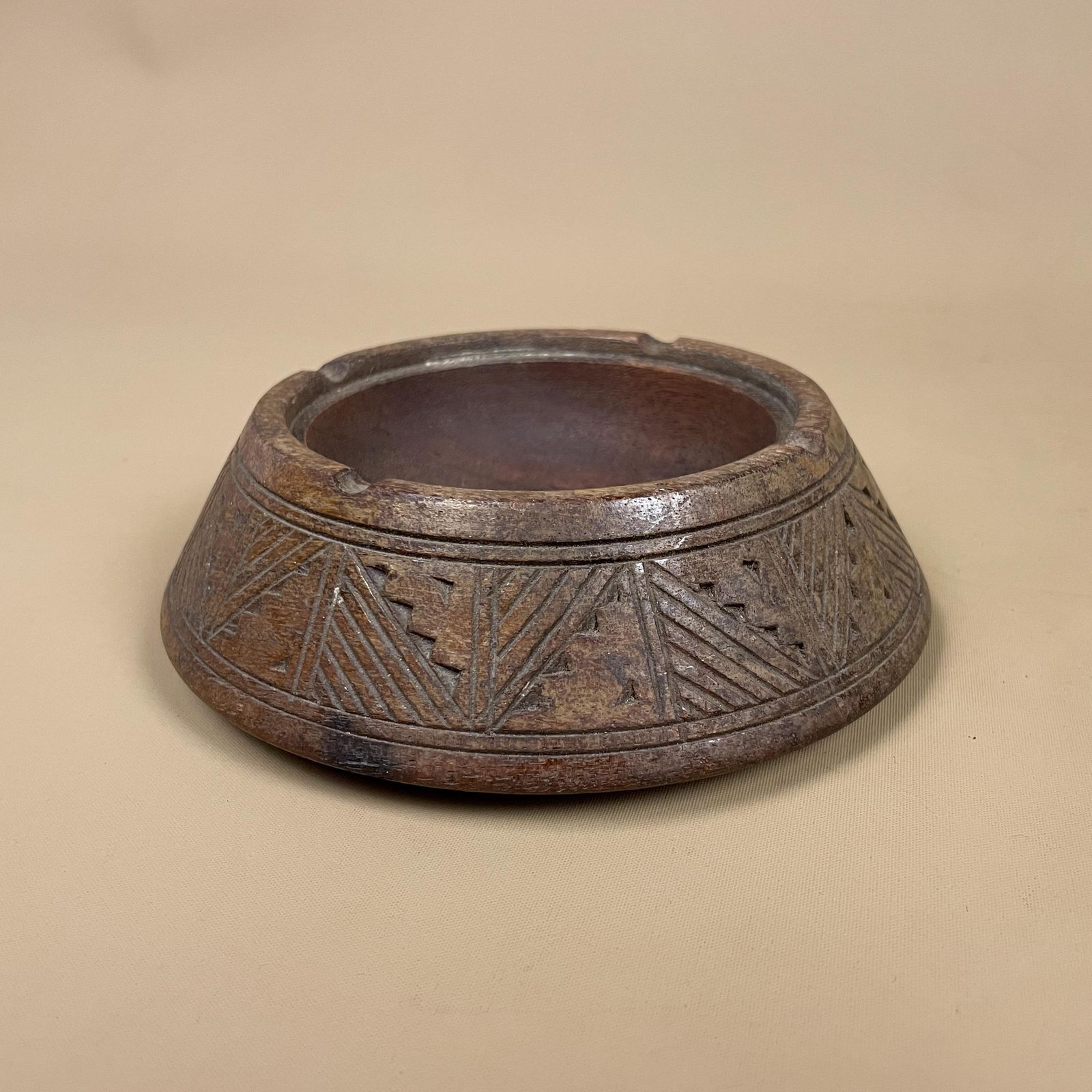 Vintage Hand Carved Wooden Bowl Decorative Geometric Pattern Rustic Display Tub Farmhouse Cottage Tableware Wood Handmade Round photo for sale