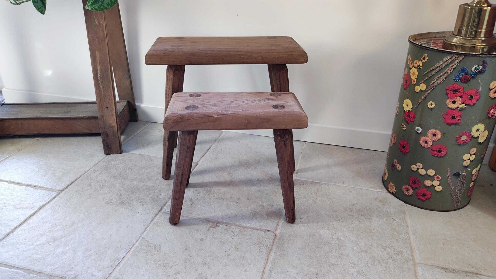 French Primitive Wooden Stool Set Of 2 In Brutalist Design photo furniture