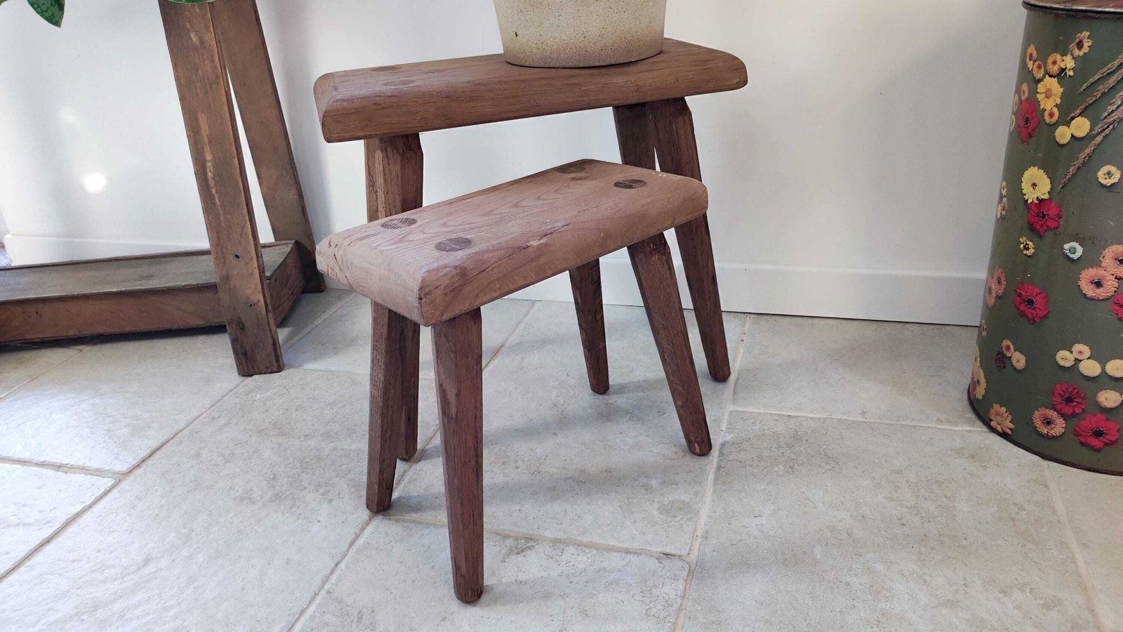 French Primitive Wooden Stool Set Of 2 In Brutalist Design photo for sale
