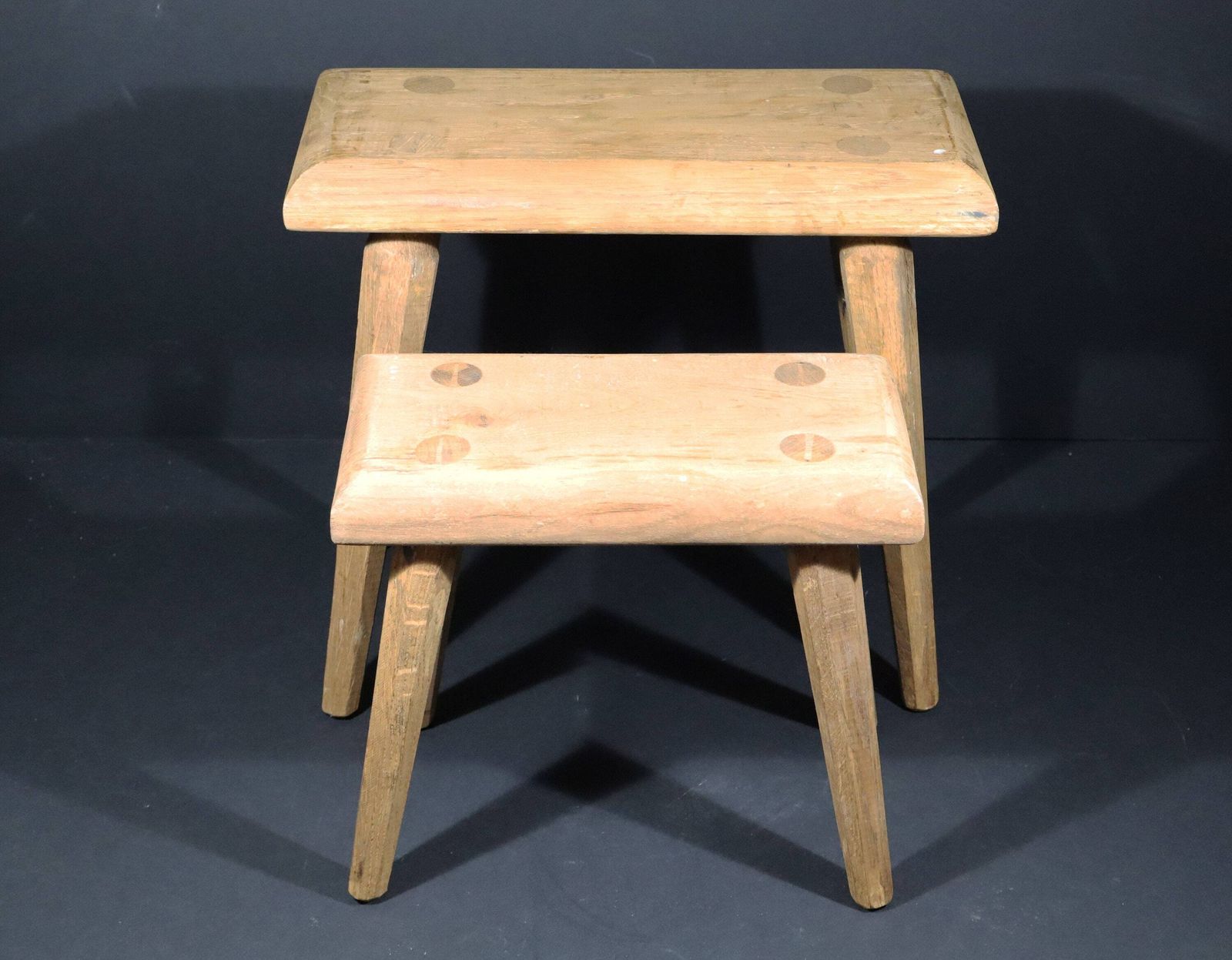 French Primitive Wooden Stool Set Of 2 In Brutalist Design photo vintage