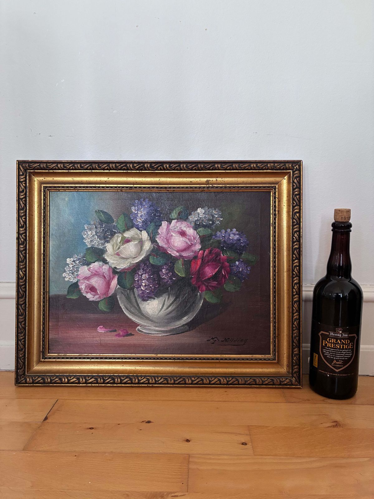 photo vinterior Vintage Original Flower Still Life Oil Painting, Ca. 1960